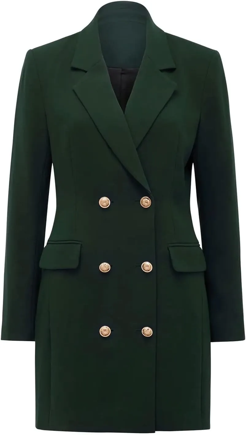 futurino Women Blazer Set Solid Color Long Sleeve Notch Lapel Double Breasted Button Blazer Dress with Pockets