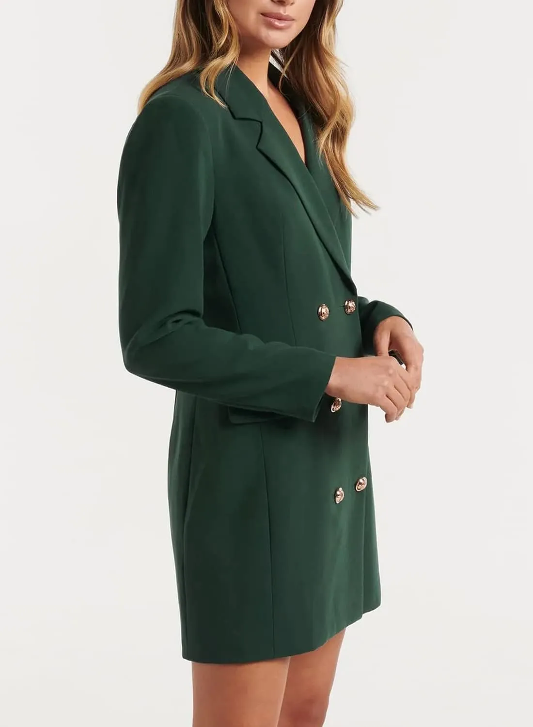 futurino Women Blazer Set Solid Color Long Sleeve Notch Lapel Double Breasted Button Blazer Dress with Pockets