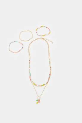 Girls Gold Embellished Necklace & Bracelet (4 Piece)