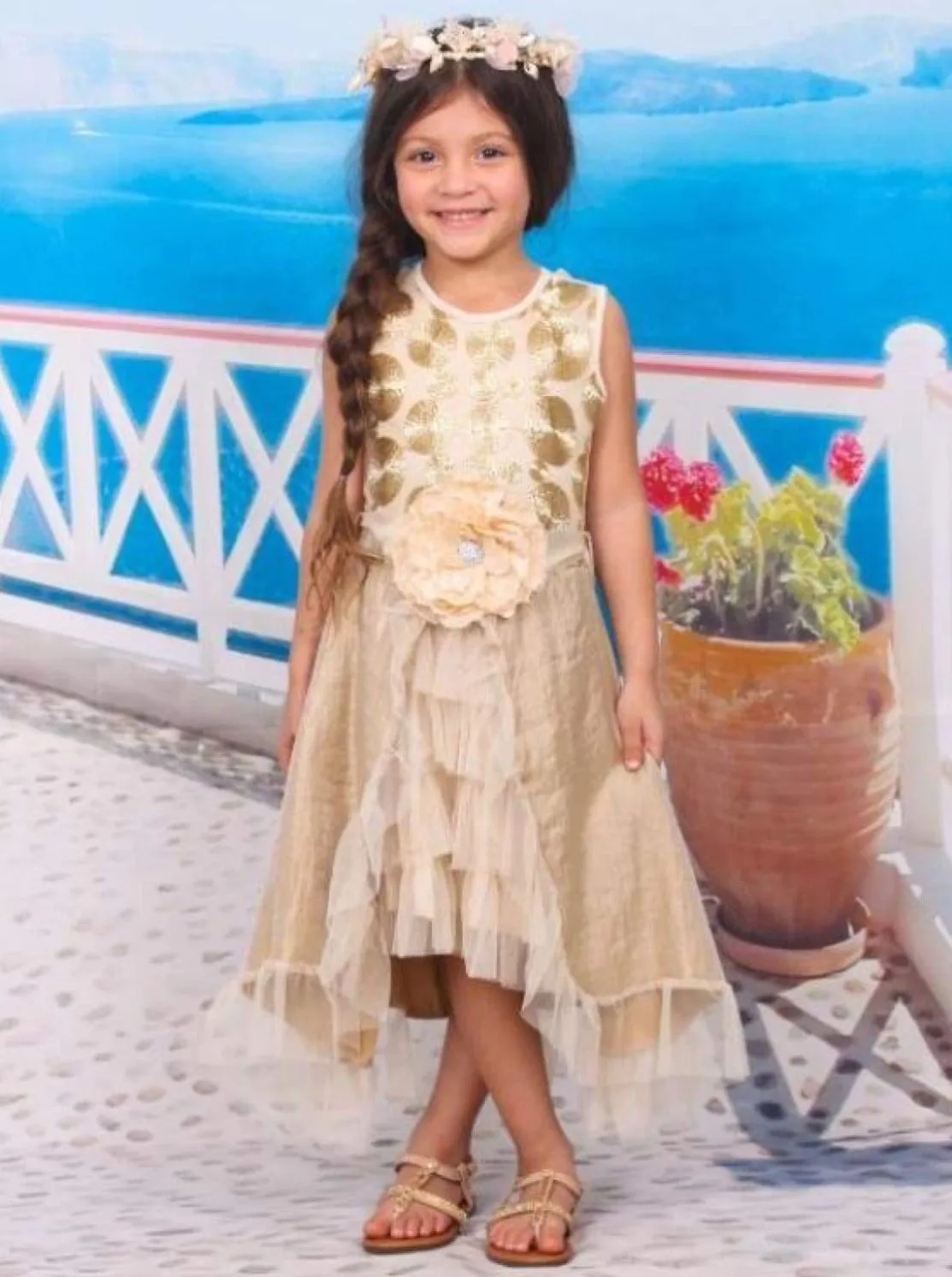 Girls Gold Overlay Ruffled Skirt with Flower Belt