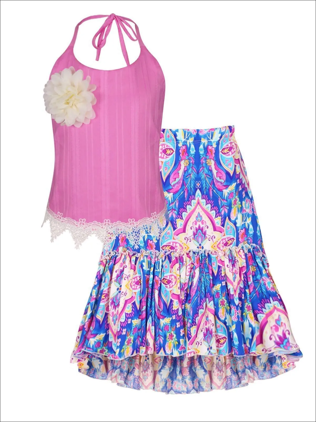 Girls Trimmed Halter Top And Hi-Lo Ruffle Skirt Set