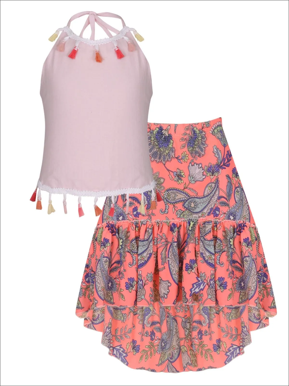 Girls Trimmed Halter Top And Hi-Lo Ruffle Skirt Set
