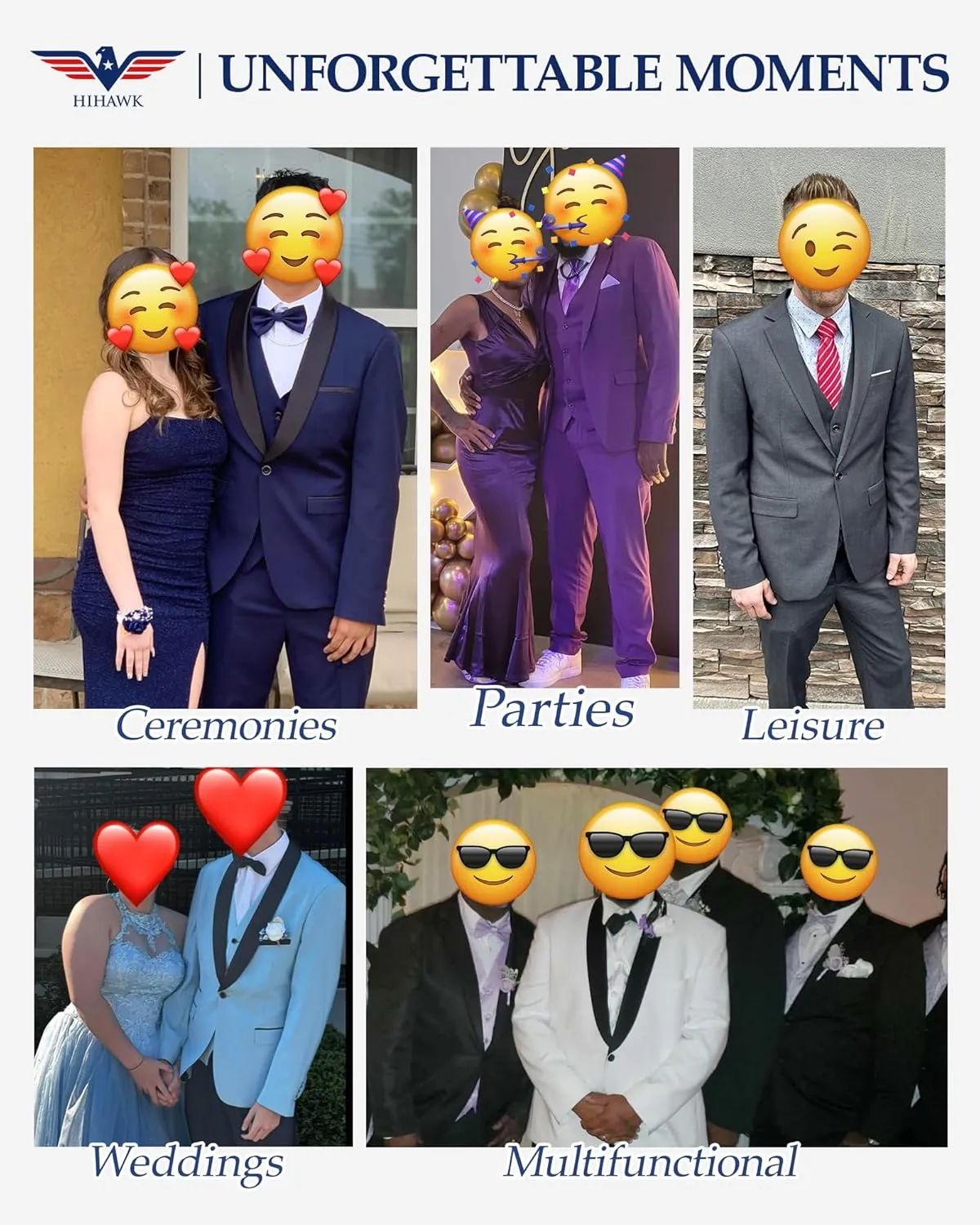 Hihawk Men's 2 Piece Slim Fit Suit with Stretch Fabric, Solid One Button Blazer Jacket Vest Pants Set with Tie.