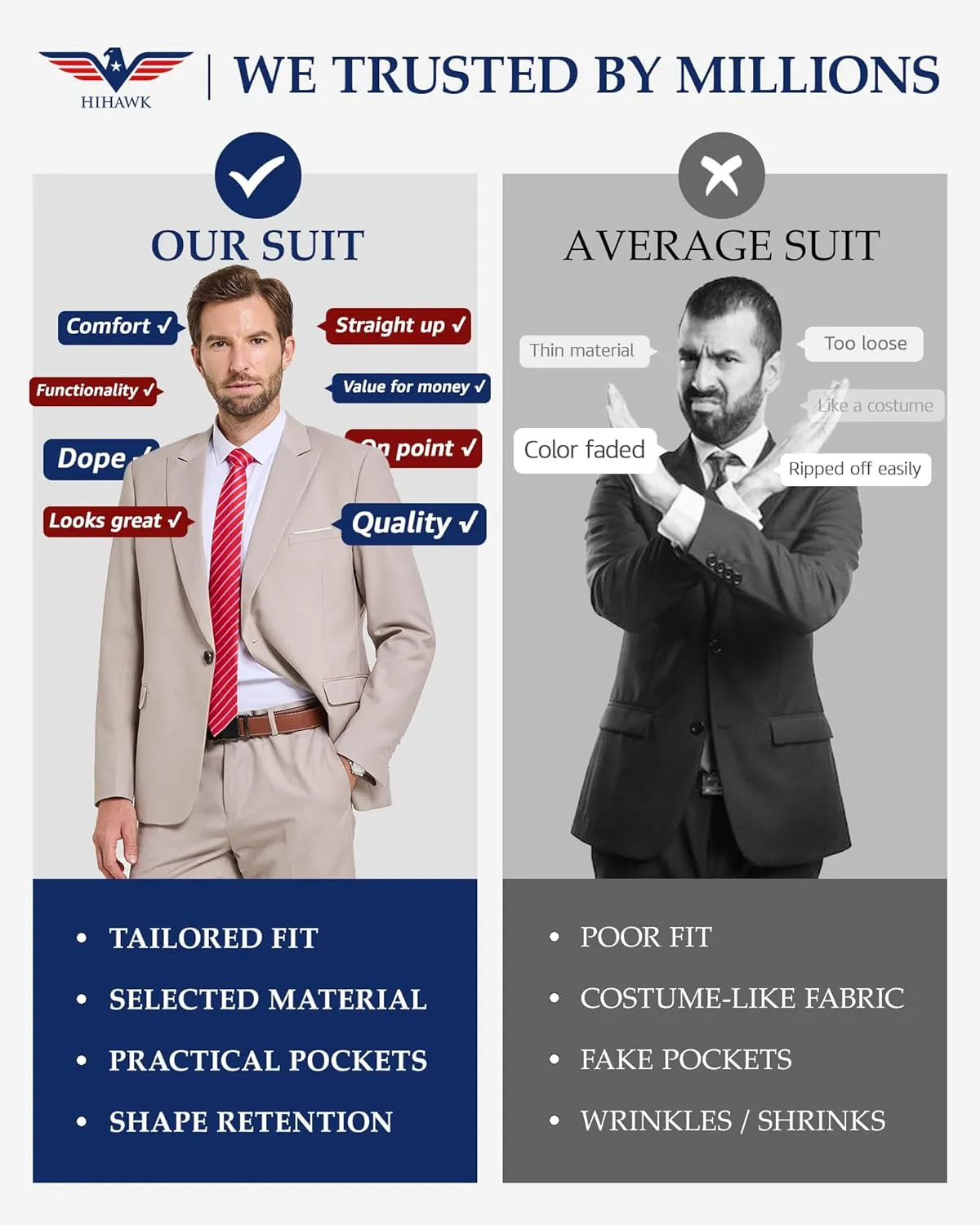 Hihawk Men's 2 Piece Slim Fit Suit with Stretch Fabric, Solid One Button Blazer Jacket Vest Pants Set with Tie.