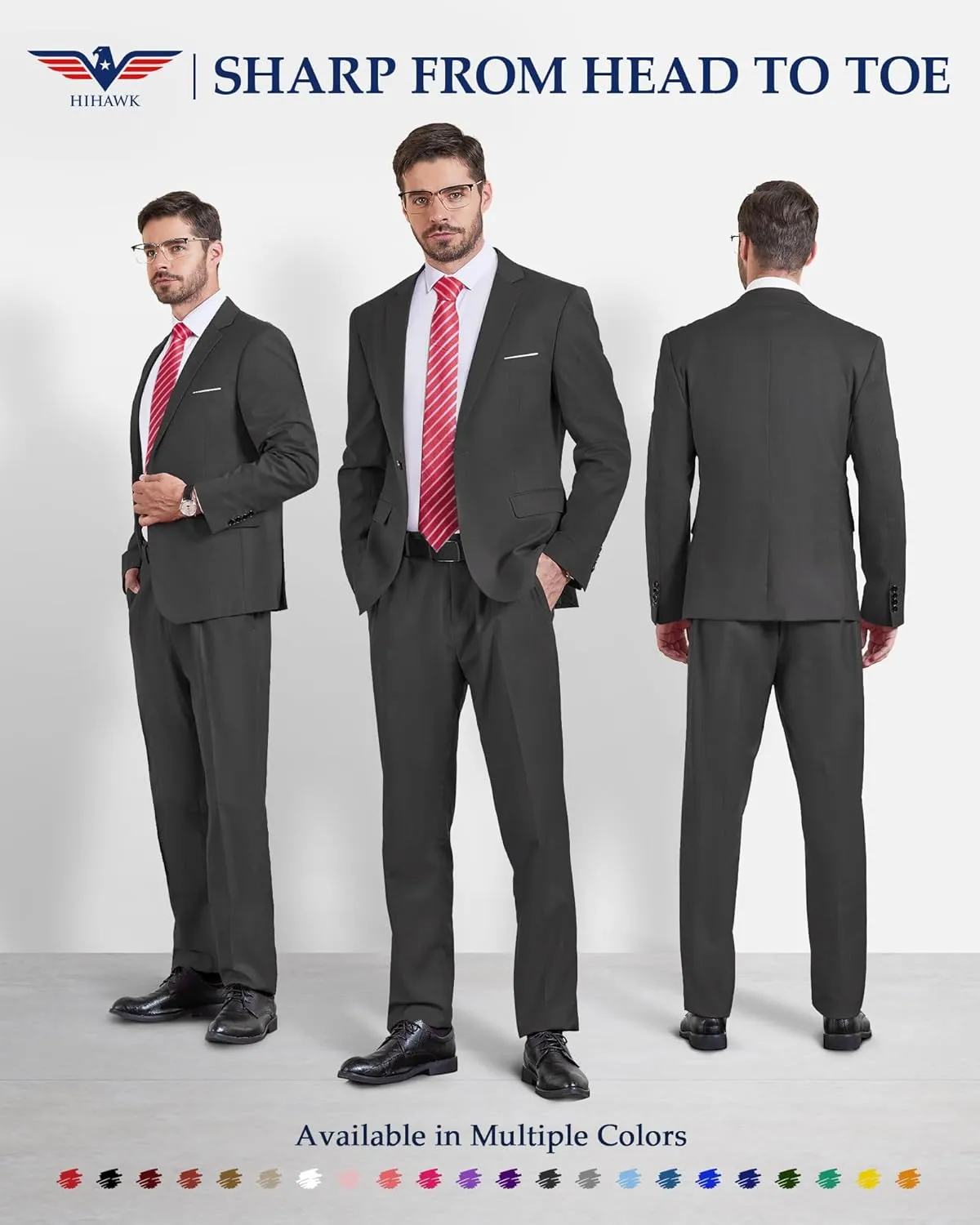 Hihawk Men's 2 Piece Slim Fit Suit with Stretch Fabric, Solid One Button Blazer Jacket Vest Pants Set with Tie.