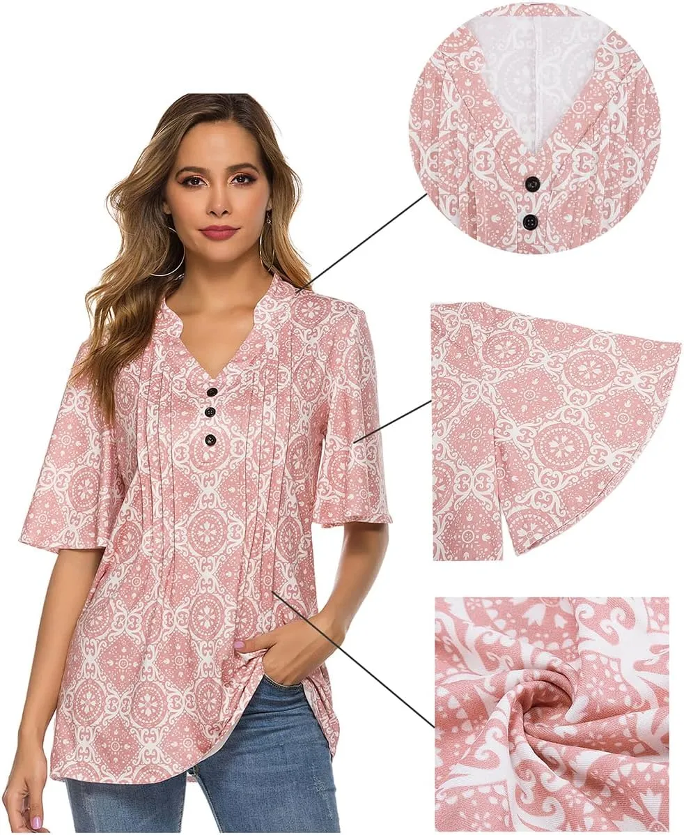 HOCOSIT Women's Floral Print Short Ruffle Sleeve Pleated Front V Neck Button Tunic Tops