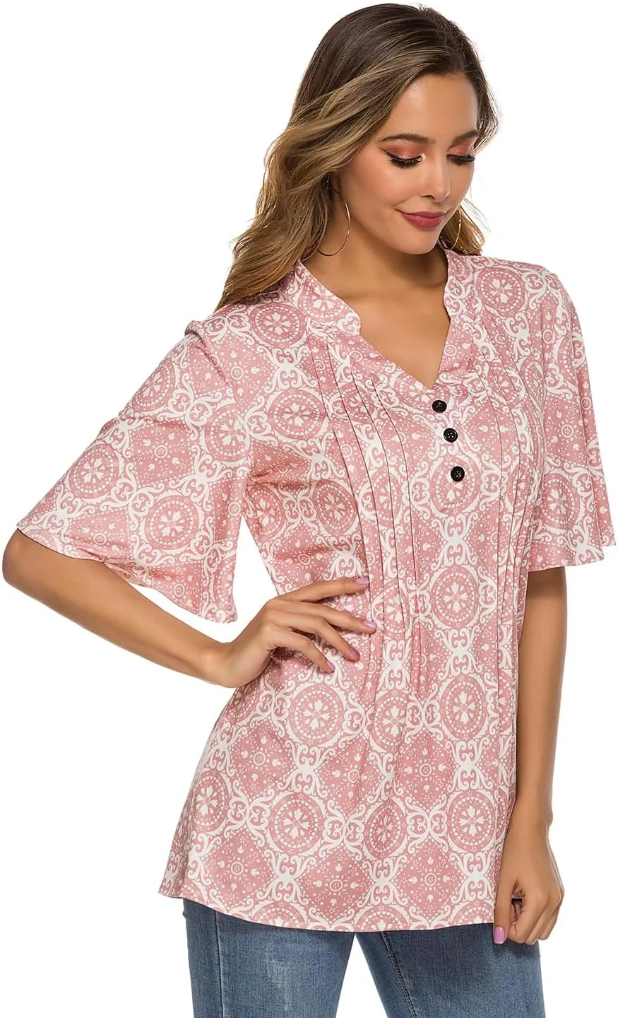 HOCOSIT Women's Floral Print Short Ruffle Sleeve Pleated Front V Neck Button Tunic Tops