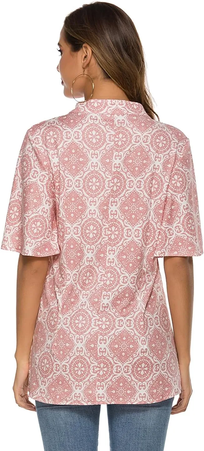 HOCOSIT Women's Floral Print Short Ruffle Sleeve Pleated Front V Neck Button Tunic Tops