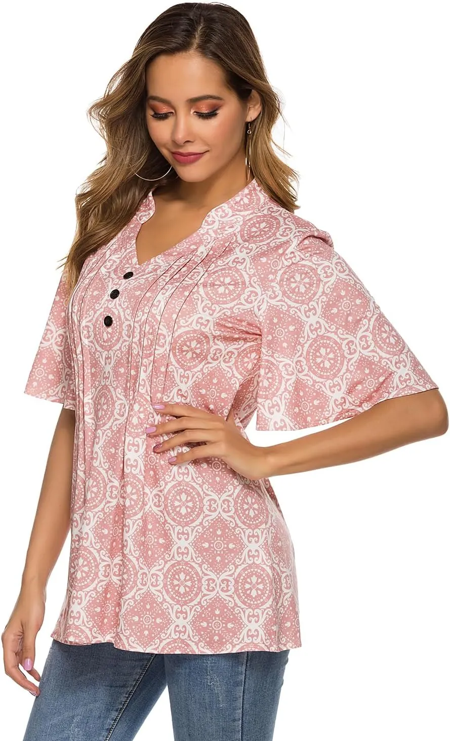 HOCOSIT Women's Floral Print Short Ruffle Sleeve Pleated Front V Neck Button Tunic Tops
