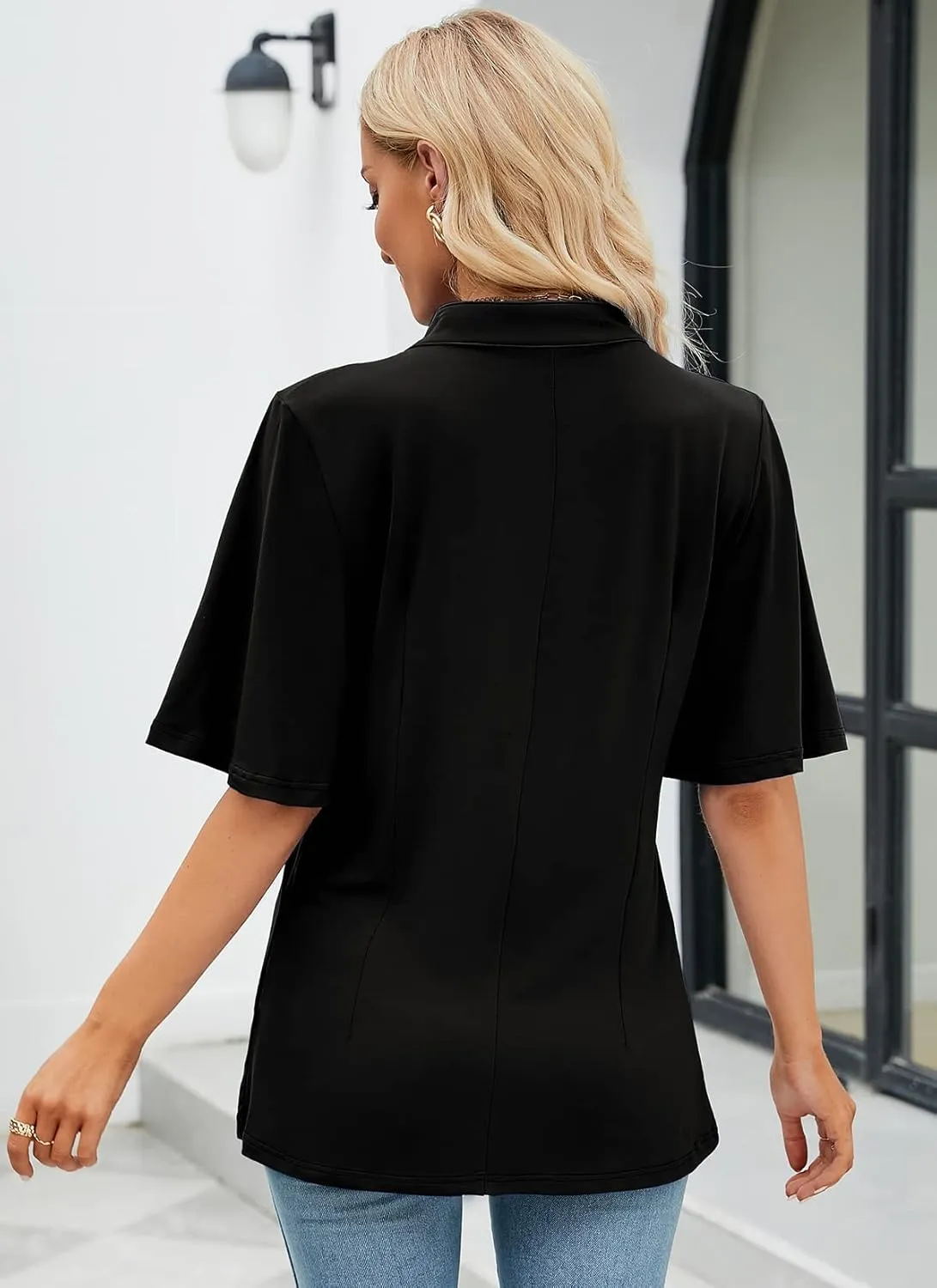 HOCOSIT Women's Floral Print Short Ruffle Sleeve Pleated Front V Neck Button Tunic Tops