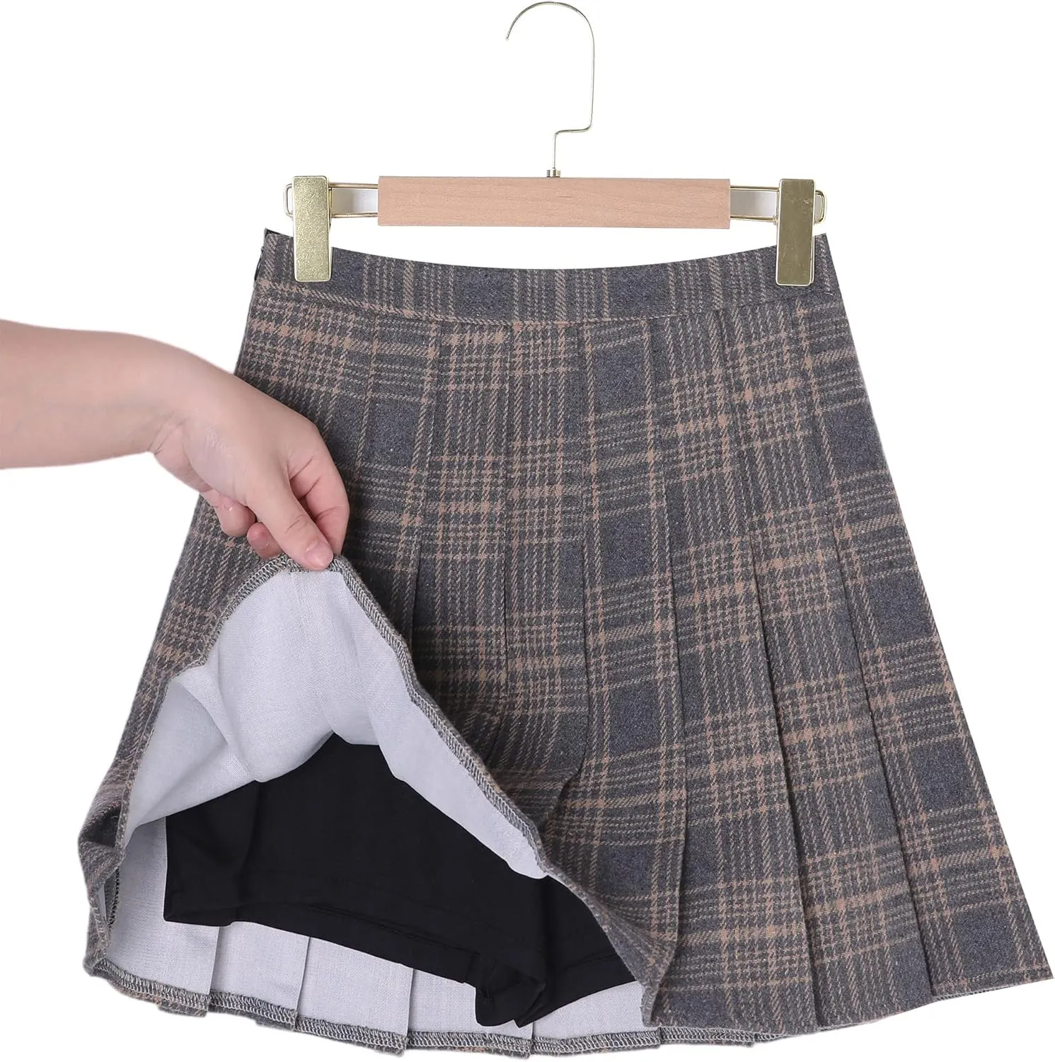 Hoerev Women Girls Thick Wool Fabric for Cold Weather Versatile Plaid Pleated Skirt with Shorts