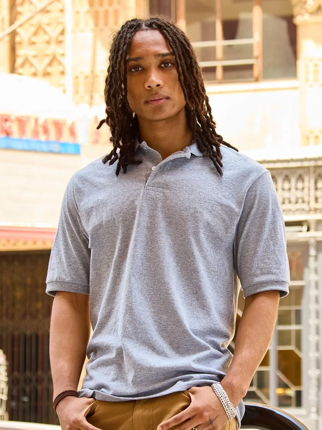 Jerzees Men's Short Sleeve Polo Shirts, Cotton Blend, Two Button Closure, Regular Fit, Sizes S-5x