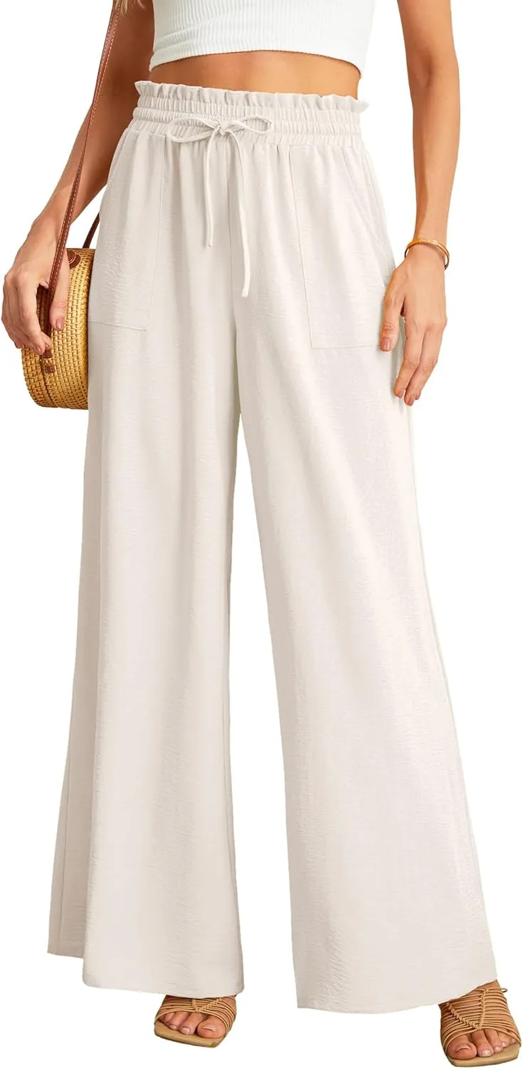 JINKESI Women Wide Leg Pants High Waist Loose Flowy Adjustable Tie Knot Trousers Business Casual Pants with Pockets