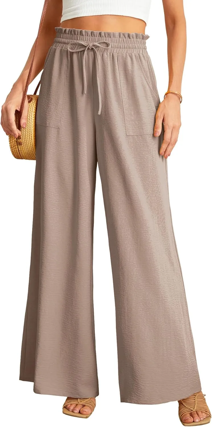 JINKESI Women Wide Leg Pants High Waist Loose Flowy Adjustable Tie Knot Trousers Business Casual Pants with Pockets