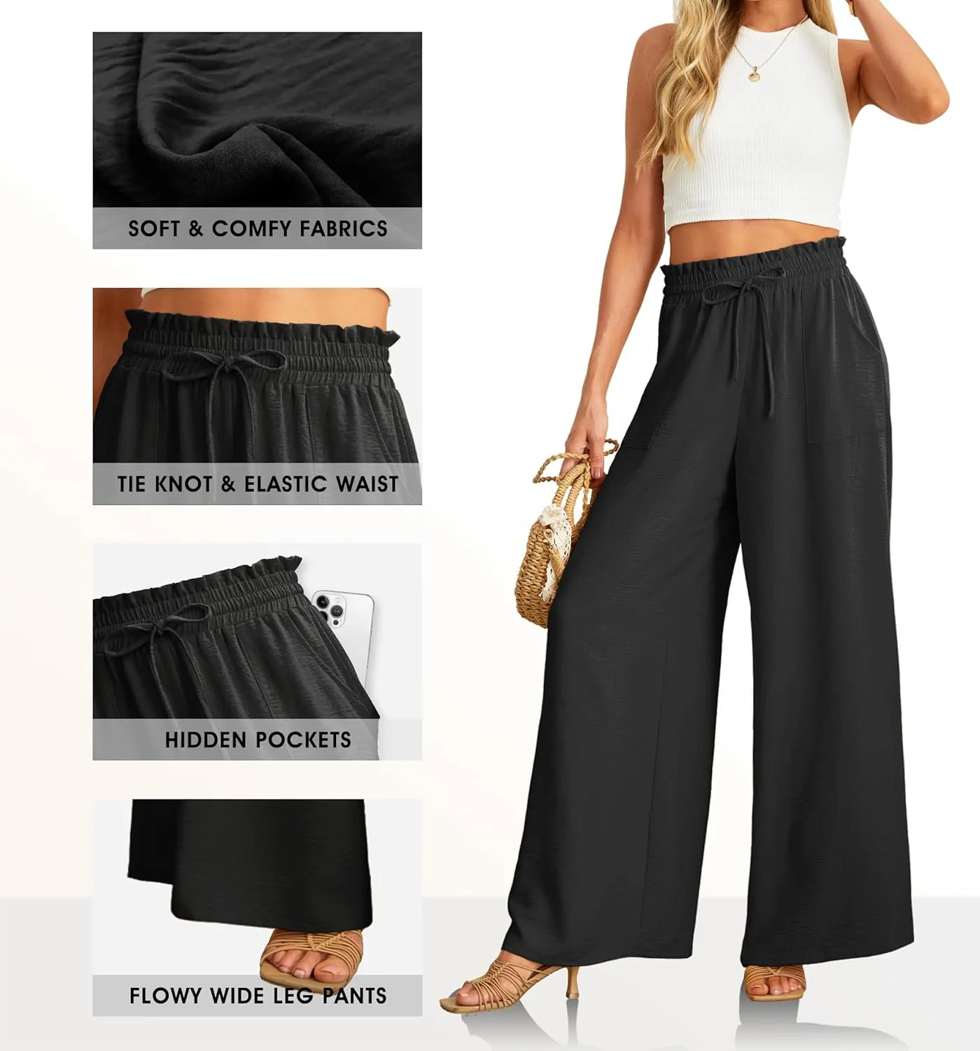 JINKESI Women Wide Leg Pants High Waist Loose Flowy Adjustable Tie Knot Trousers Business Casual Pants with Pockets
