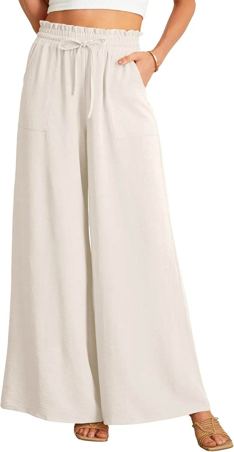 JINKESI Women Wide Leg Pants High Waist Loose Flowy Adjustable Tie Knot Trousers Business Casual Pants with Pockets