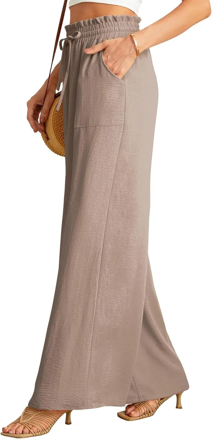 JINKESI Women Wide Leg Pants High Waist Loose Flowy Adjustable Tie Knot Trousers Business Casual Pants with Pockets