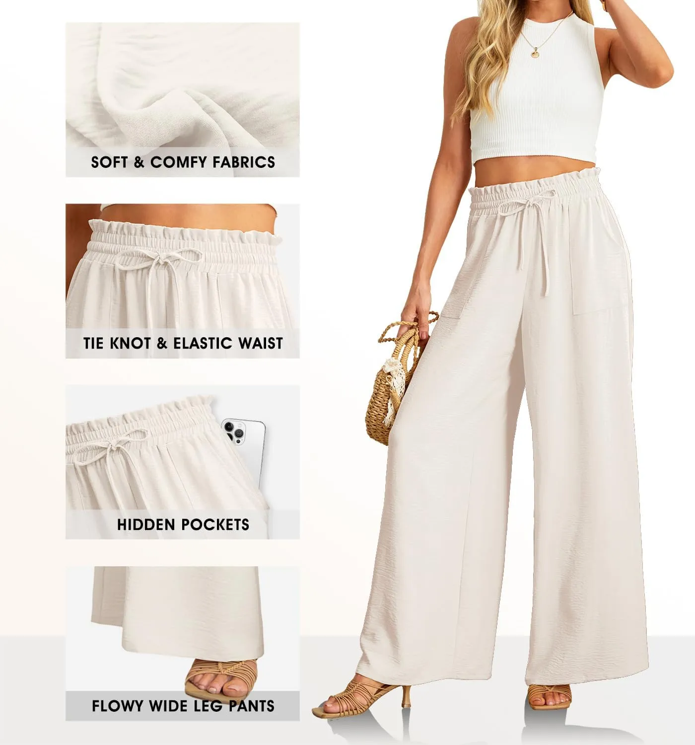 JINKESI Women Wide Leg Pants High Waist Loose Flowy Adjustable Tie Knot Trousers Business Casual Pants with Pockets