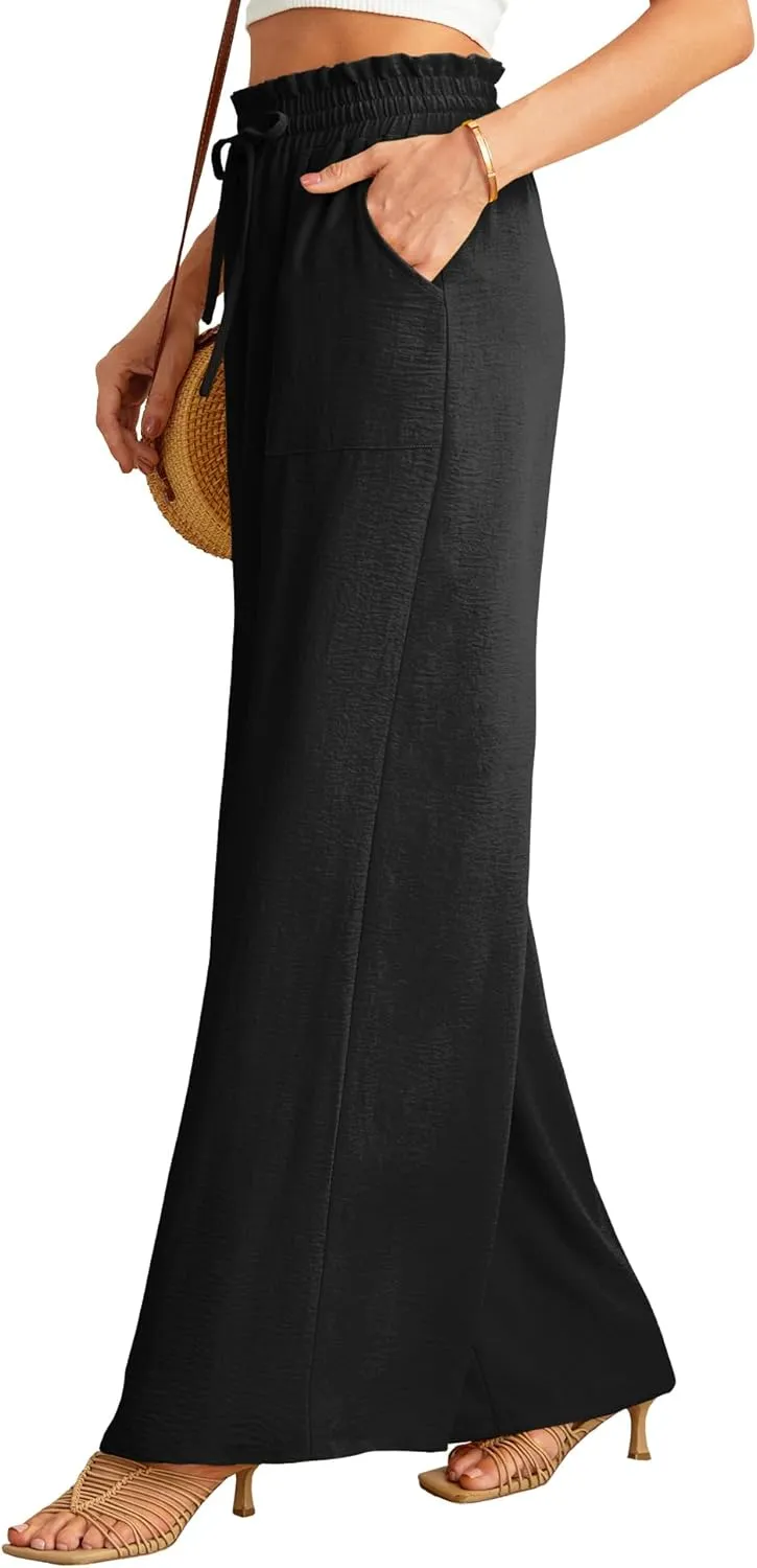 JINKESI Women Wide Leg Pants High Waist Loose Flowy Adjustable Tie Knot Trousers Business Casual Pants with Pockets