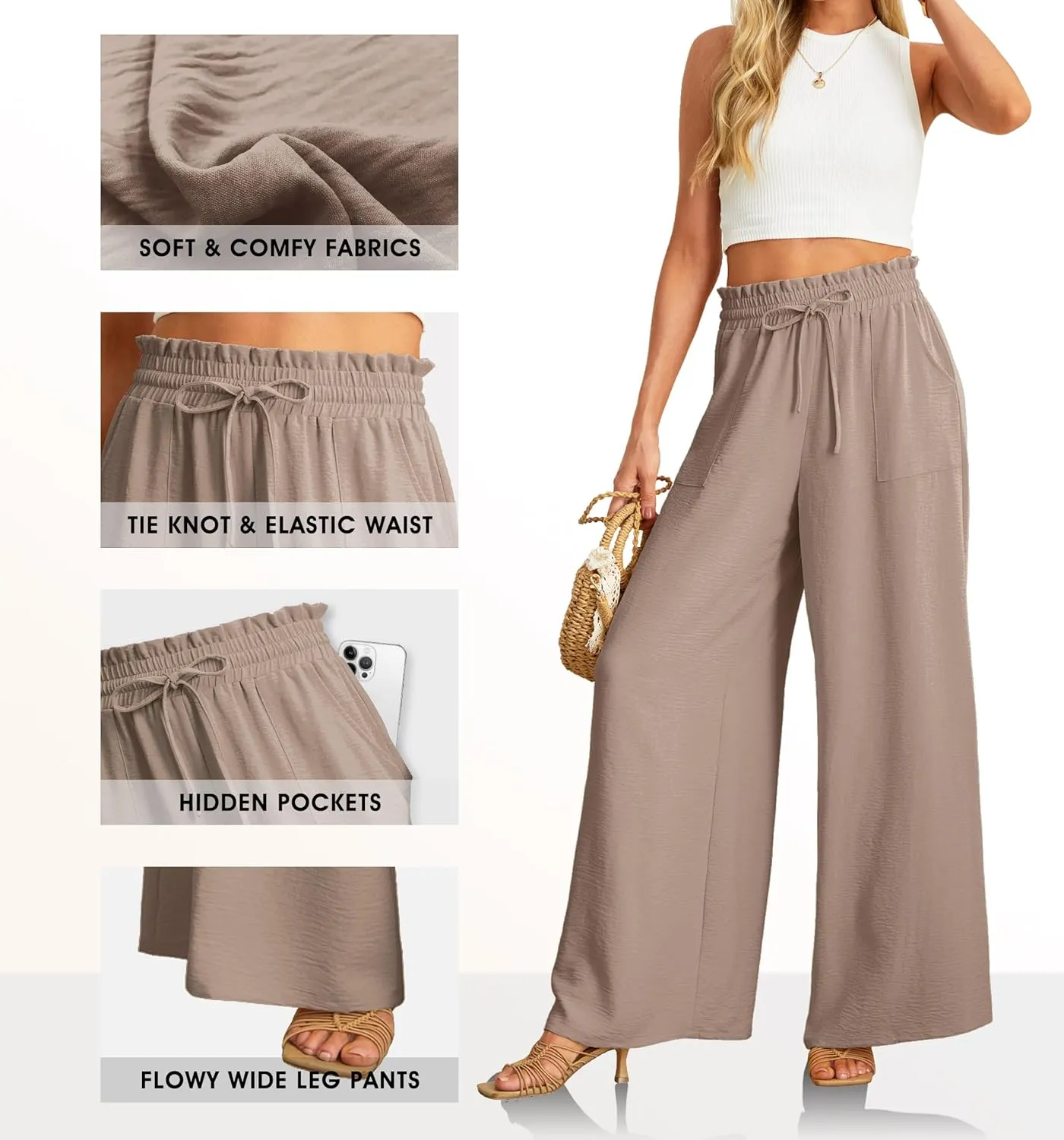 JINKESI Women Wide Leg Pants High Waist Loose Flowy Adjustable Tie Knot Trousers Business Casual Pants with Pockets