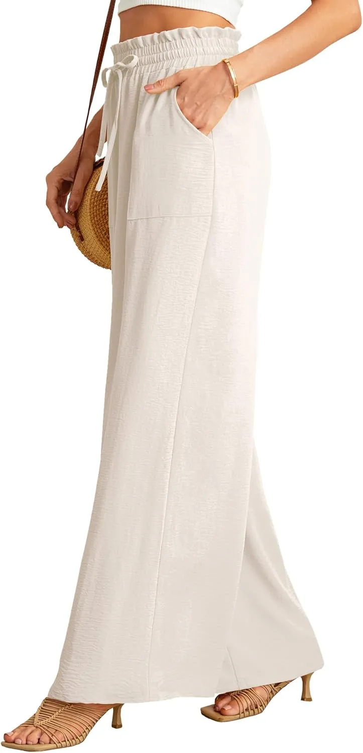 JINKESI Women Wide Leg Pants High Waist Loose Flowy Adjustable Tie Knot Trousers Business Casual Pants with Pockets