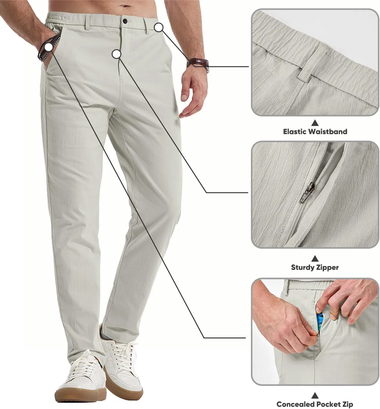 JMIERR Men's Casual Chino Pants Stretch Washed Crinkle 4 Way Textured Pants with Zipper Pockets and Elastic Waistband