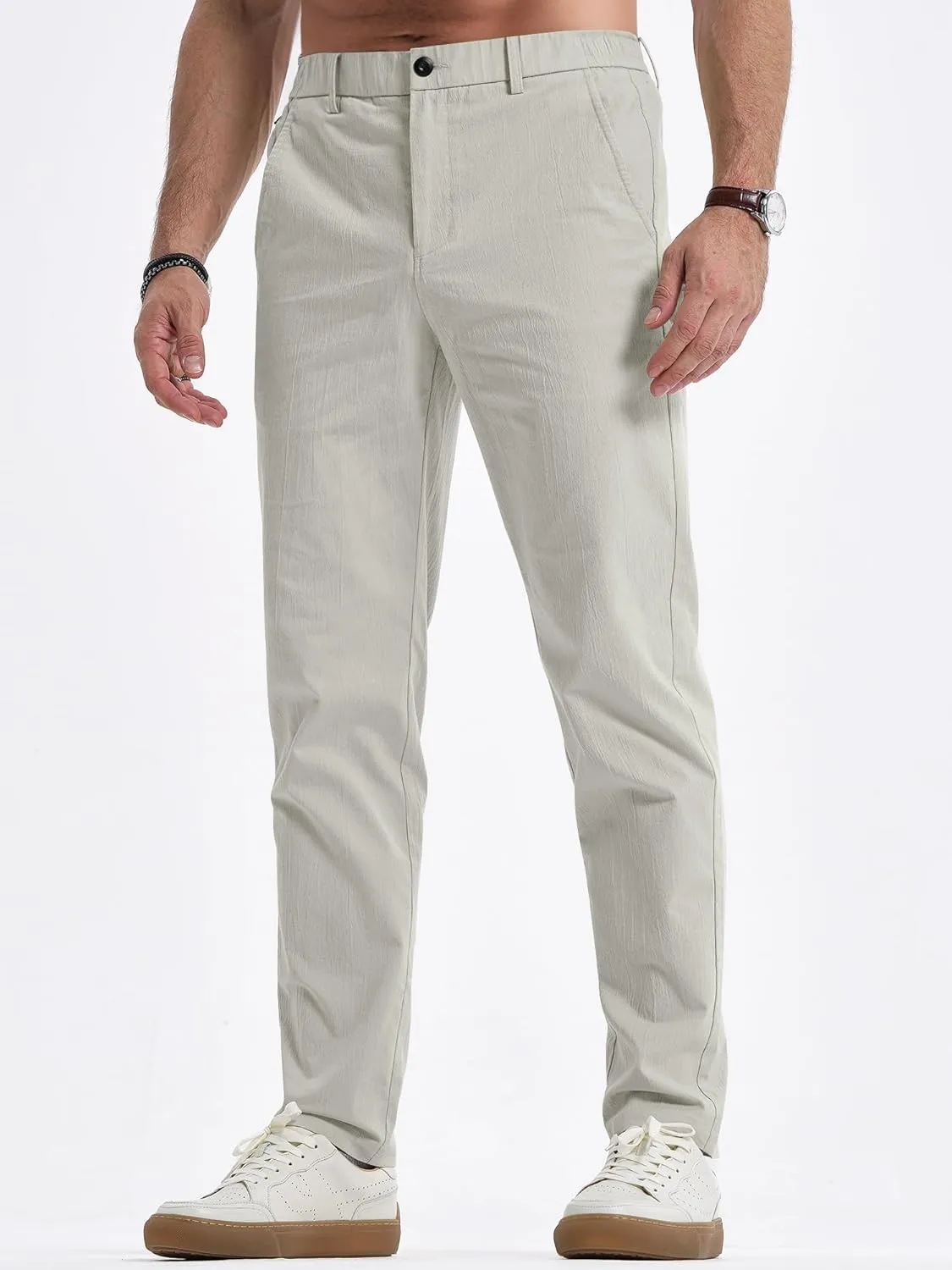 JMIERR Men's Casual Chino Pants Stretch Washed Crinkle 4 Way Textured Pants with Zipper Pockets and Elastic Waistband