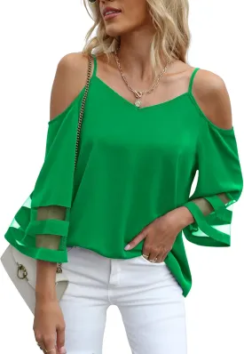 Jouica Womens Summer Cold Shoulder Tops Mesh Panel 3/4 Bell Sleeve Tees Adjustable Spaghetti Strap Loose Fit Shirts