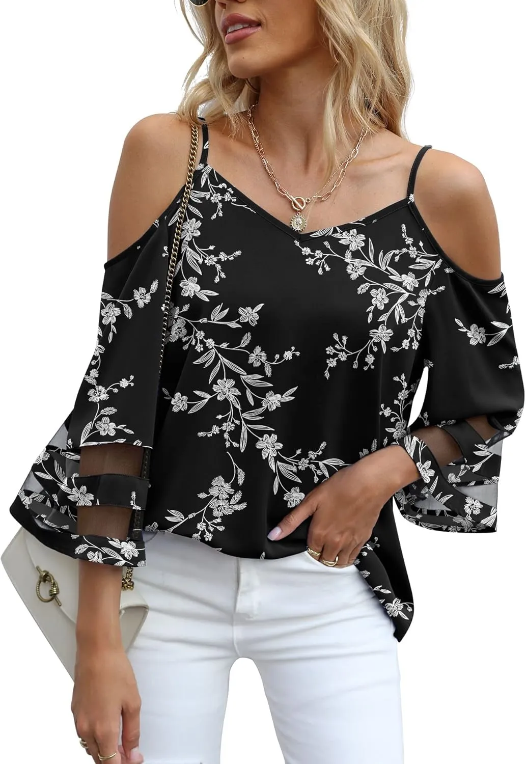 Jouica Womens Summer Cold Shoulder Tops Mesh Panel 3/4 Bell Sleeve Tees Adjustable Spaghetti Strap Loose Fit Shirts