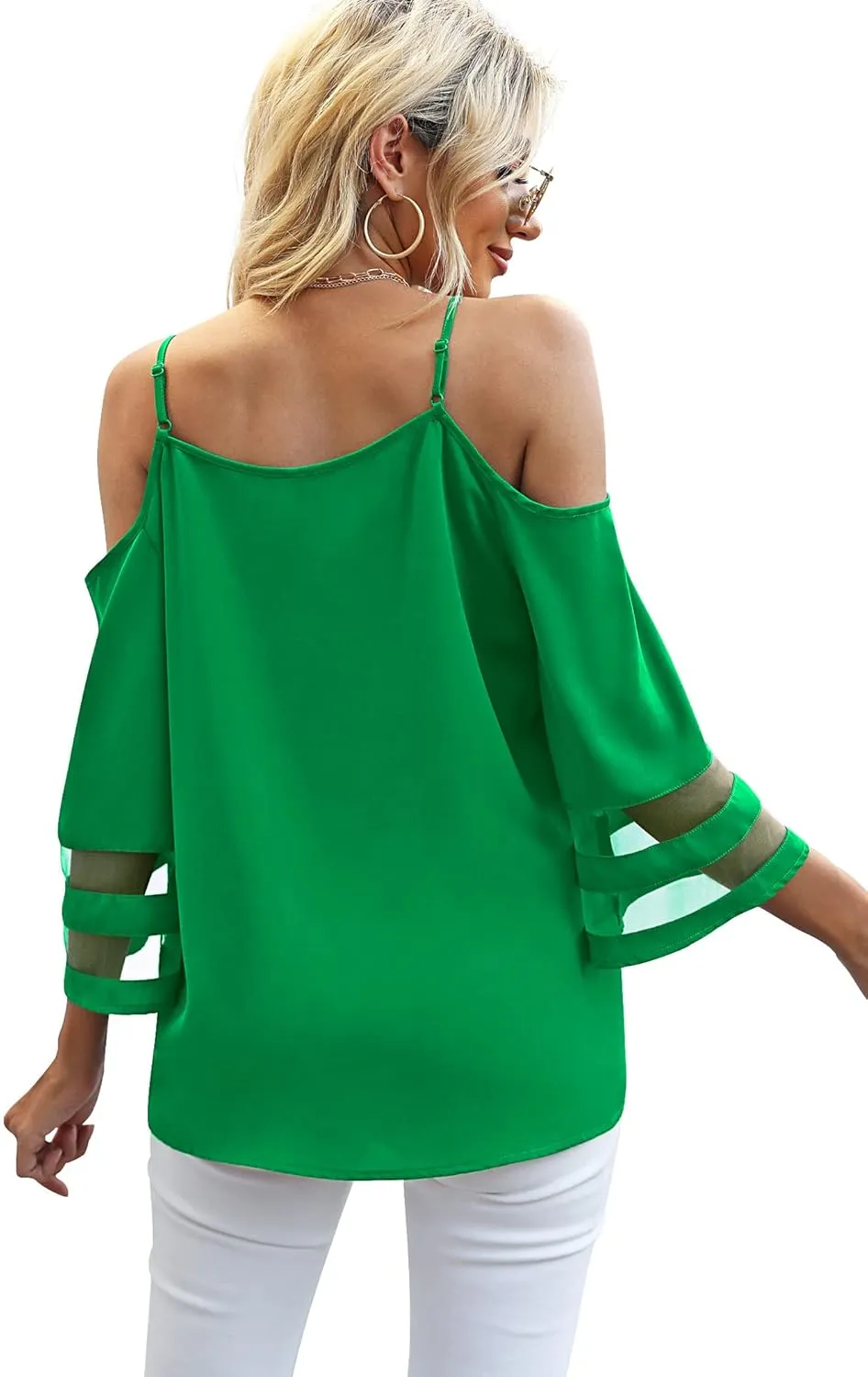 Jouica Womens Summer Cold Shoulder Tops Mesh Panel 3/4 Bell Sleeve Tees Adjustable Spaghetti Strap Loose Fit Shirts