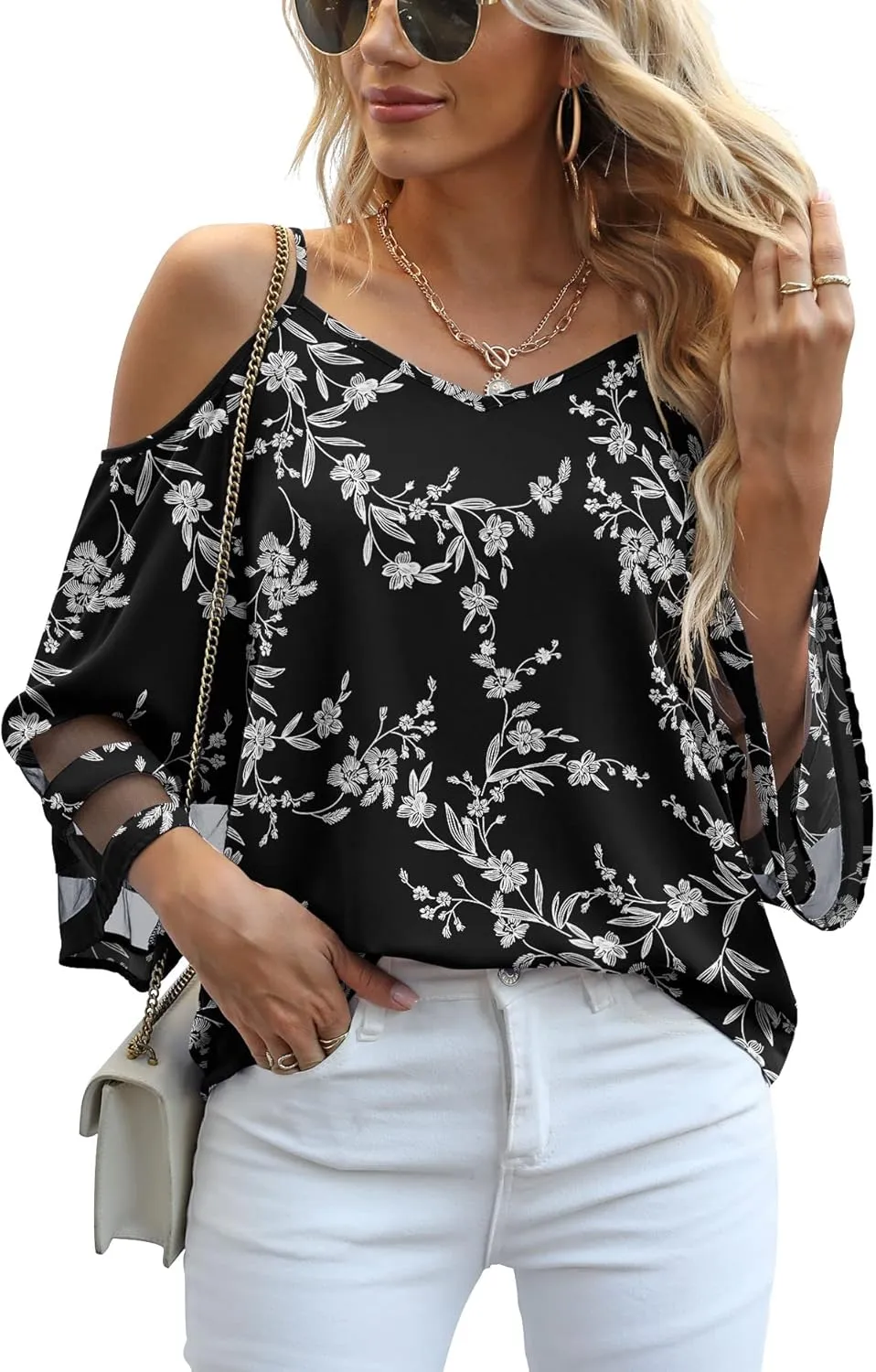 Jouica Womens Summer Cold Shoulder Tops Mesh Panel 3/4 Bell Sleeve Tees Adjustable Spaghetti Strap Loose Fit Shirts