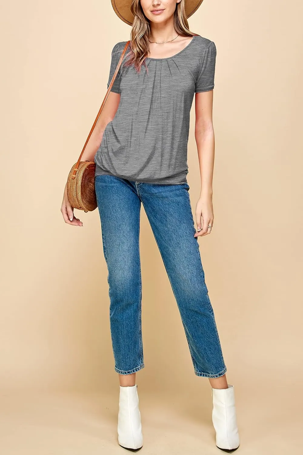 Made By Johnny Women's Scoop Neck Short Sleeve Pleated Front Blouse Tunic Top Plus Size