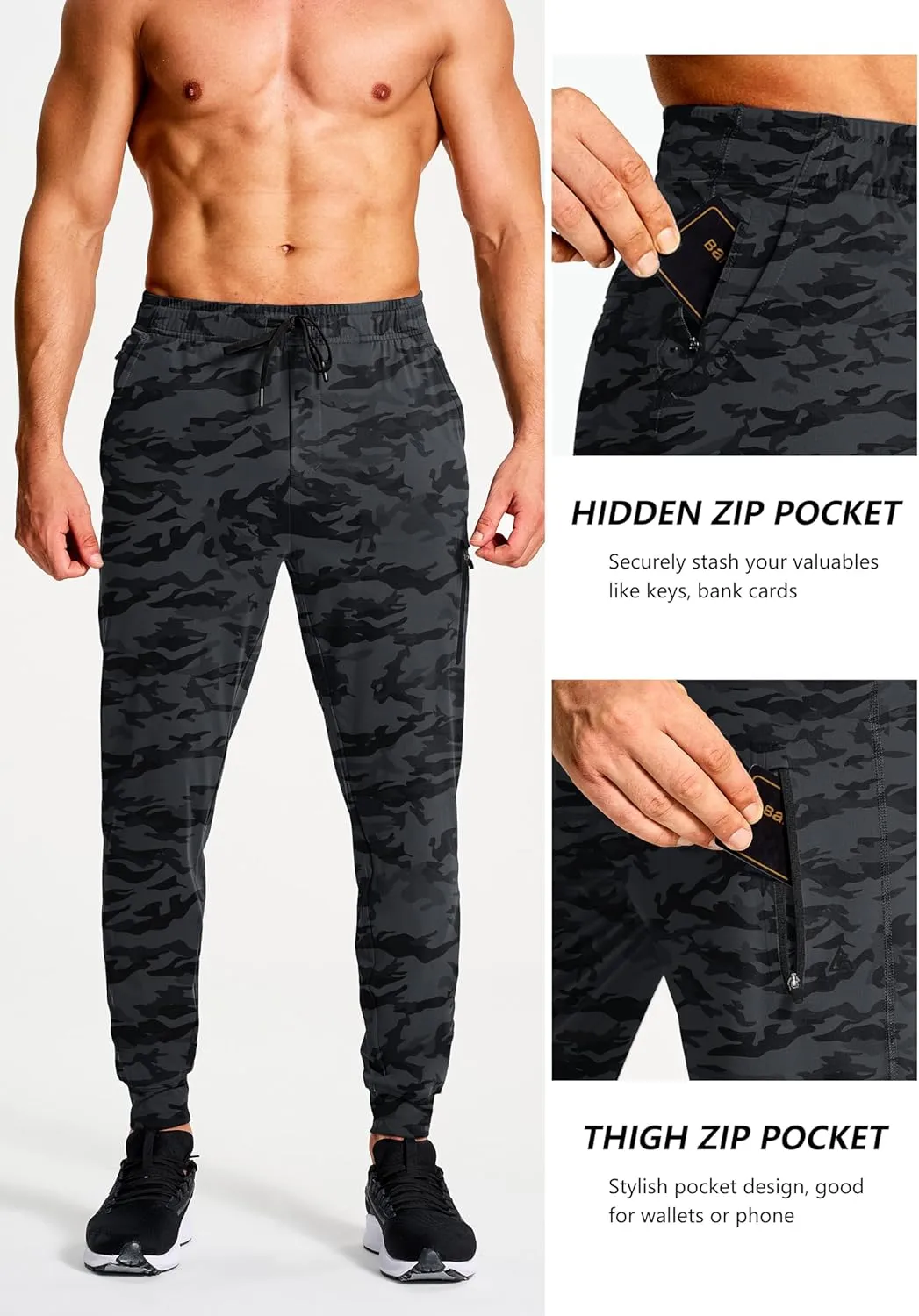 Men's Athletic Joggers Stretch Sweatpants with Zipper Pockets Running Workout Gym Track Golf Pants for Men