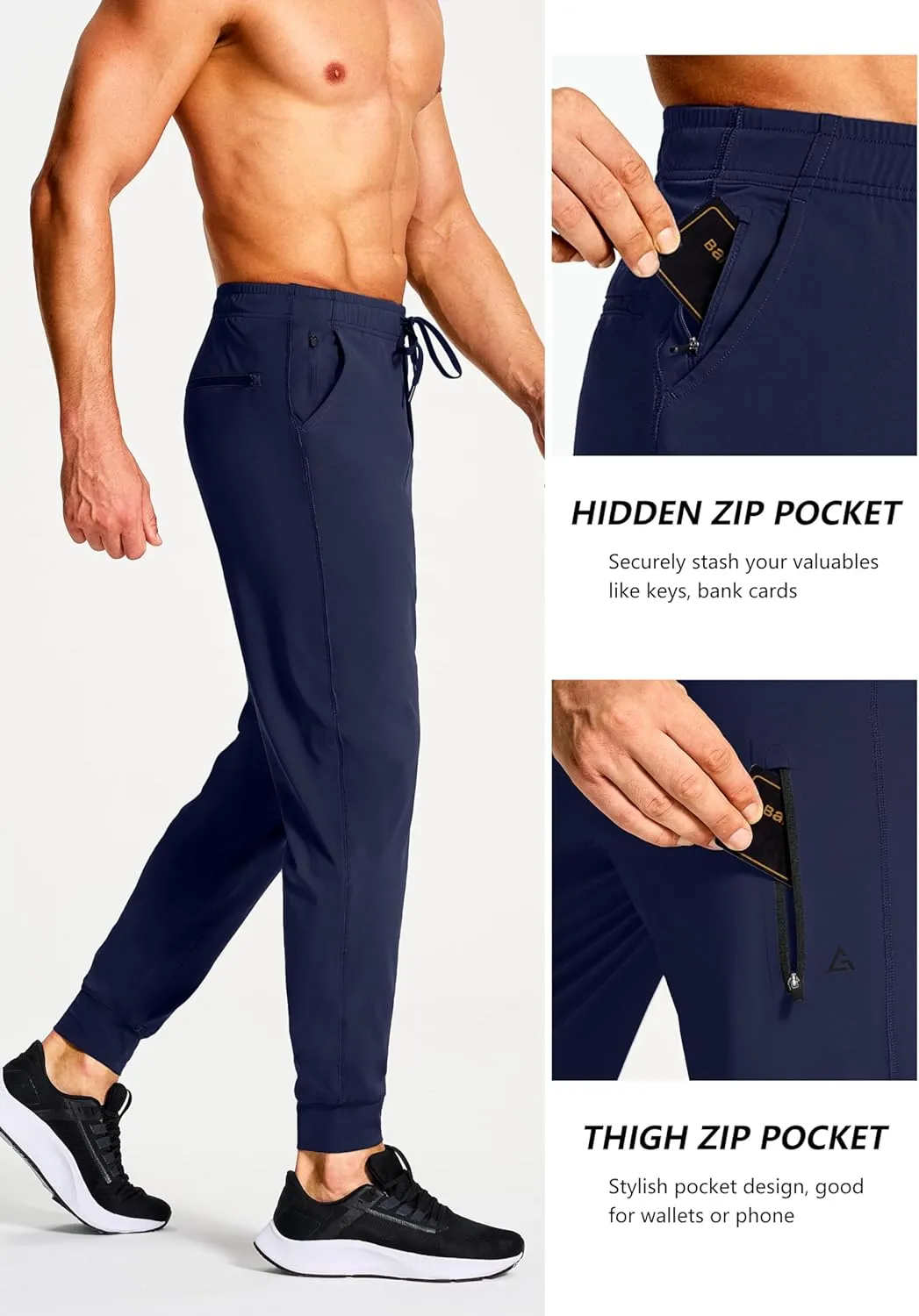 Men's Athletic Joggers Stretch Sweatpants with Zipper Pockets Running Workout Gym Track Golf Pants for Men