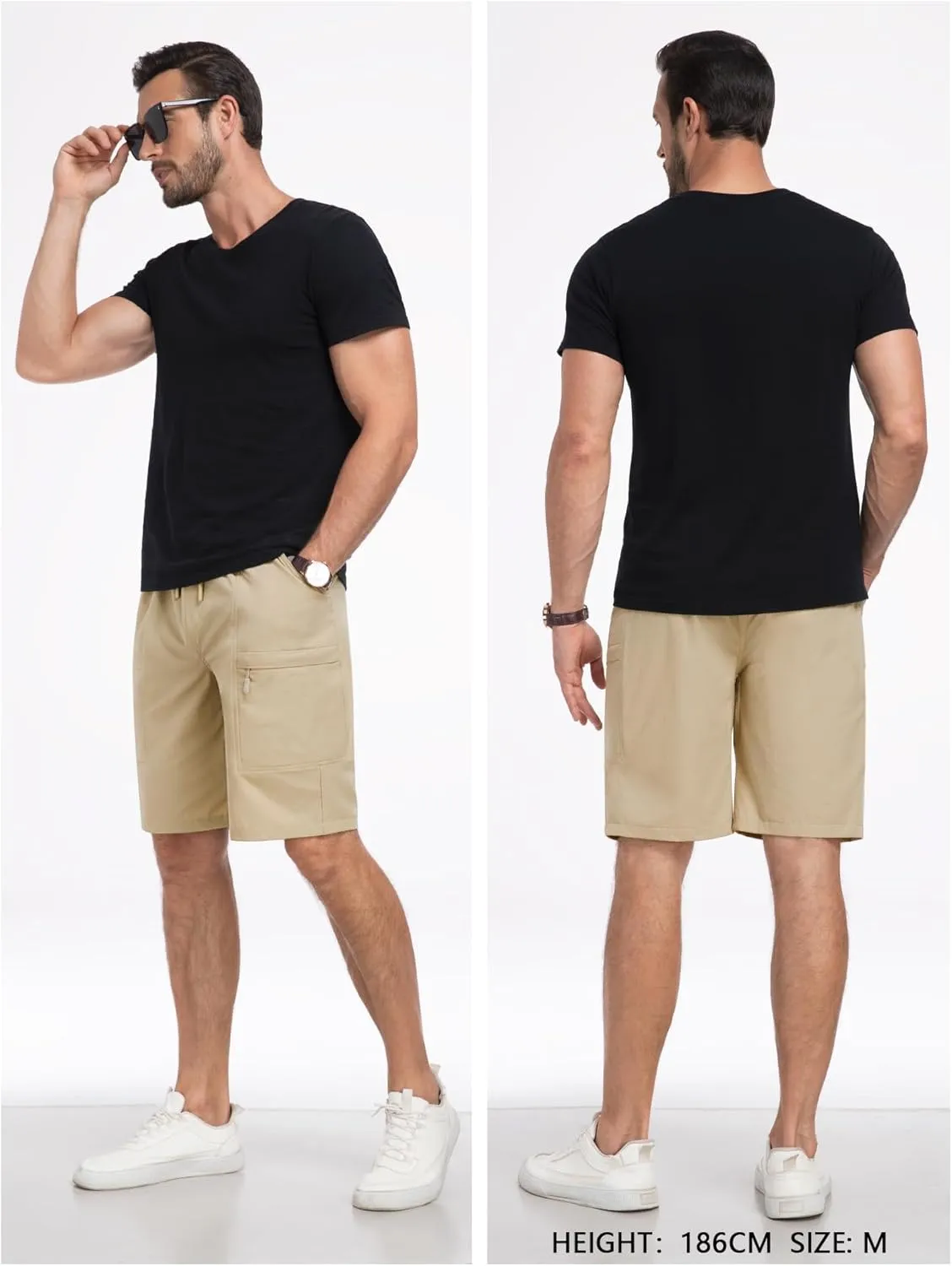 Mens Cargo Casual Shorts Lightweight Stretch Athletic Shorts Elastic Waistband with 5 Pockets Hiking Gym Beach