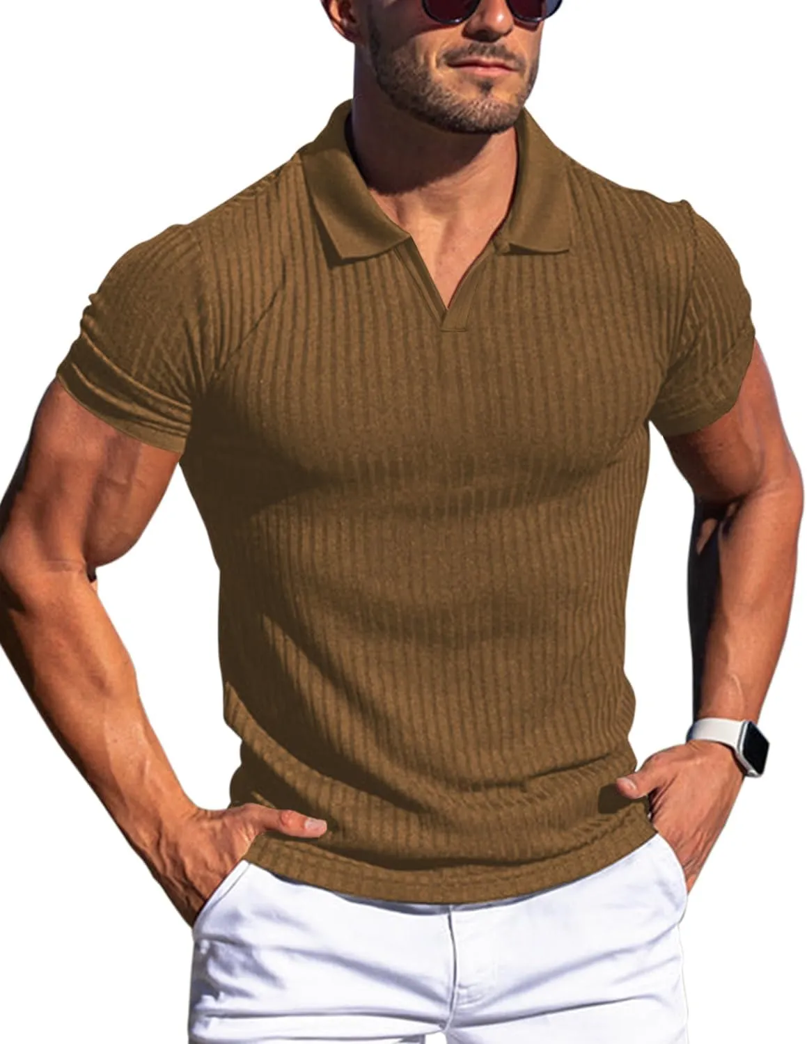 Men's Muscle V Neck Polo Shirts Slim Fit Short Long Sleeve Cotton Golf T-Shirts Ribbed Knit Soft Tees