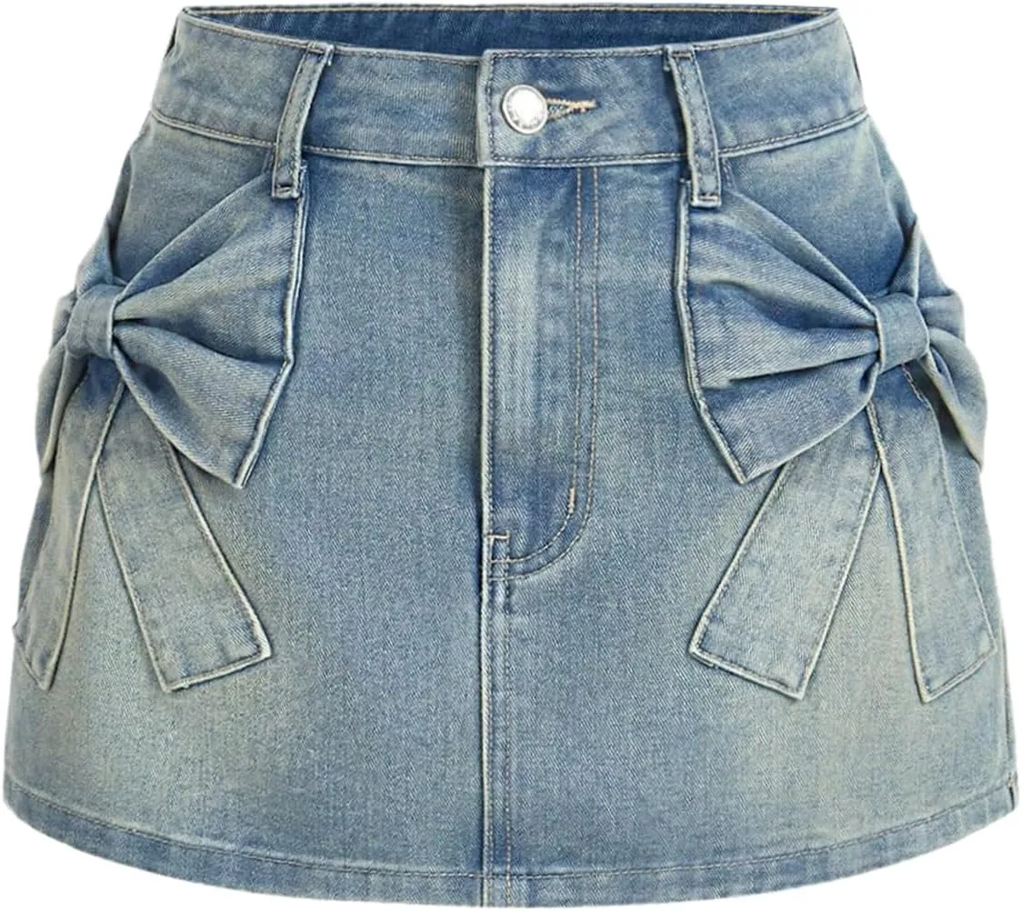 Milumia Women's Bow Knot Front Bodycon Denim Jean Mini Skirt with Pocket