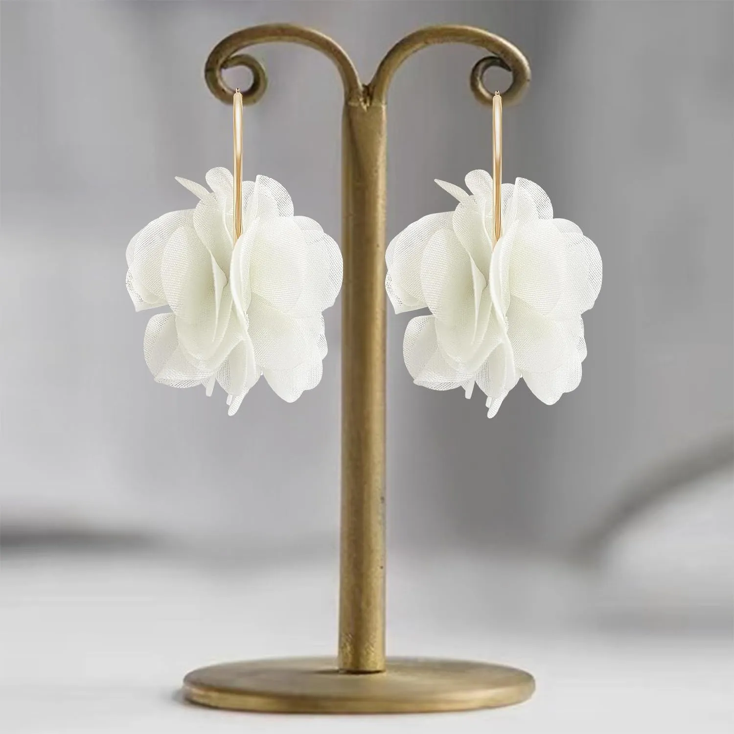 NONQL Bohemian Aesthetic Fabric Flower Lightweight Hoop Earrings Handmade Summer Vacation Dangle Drop Earrings For Women