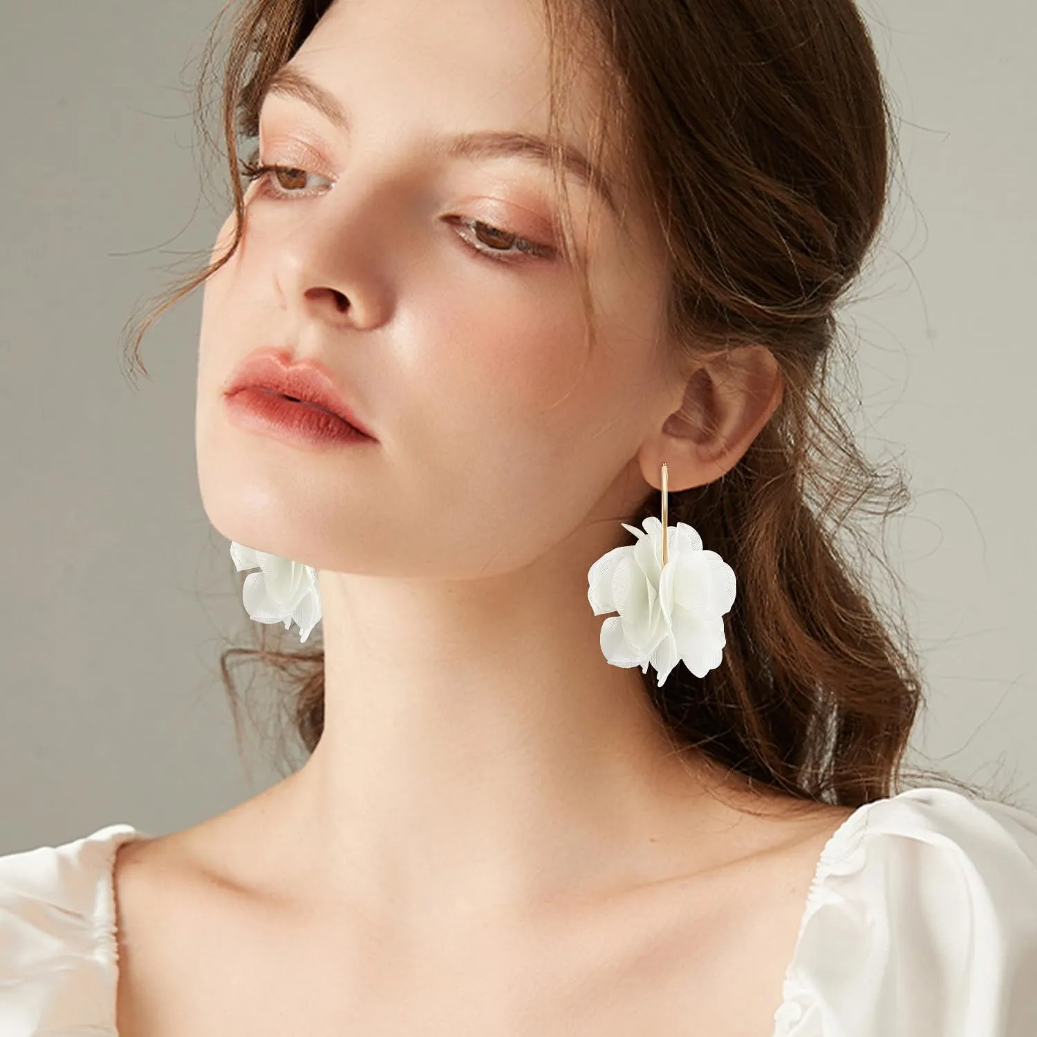 NONQL Bohemian Aesthetic Fabric Flower Lightweight Hoop Earrings Handmade Summer Vacation Dangle Drop Earrings For Women