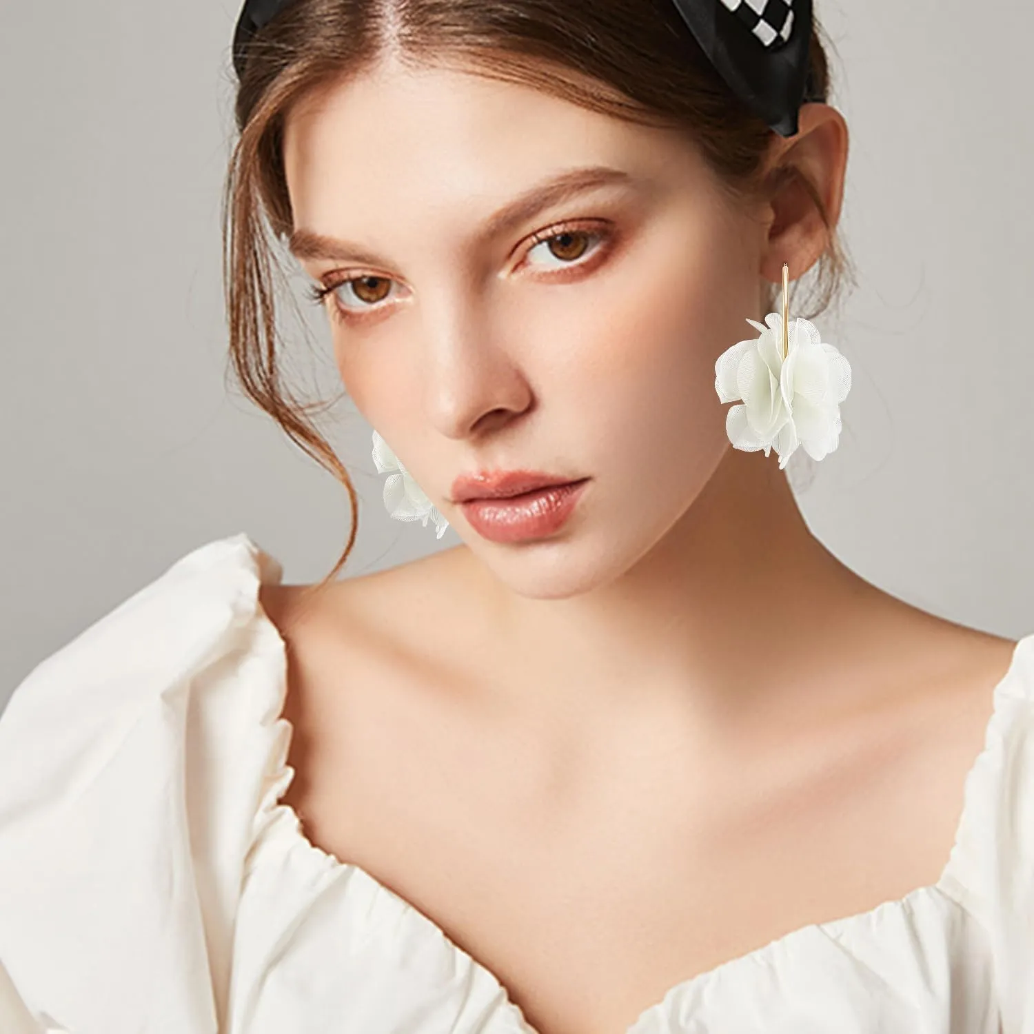 NONQL Bohemian Aesthetic Fabric Flower Lightweight Hoop Earrings Handmade Summer Vacation Dangle Drop Earrings For Women