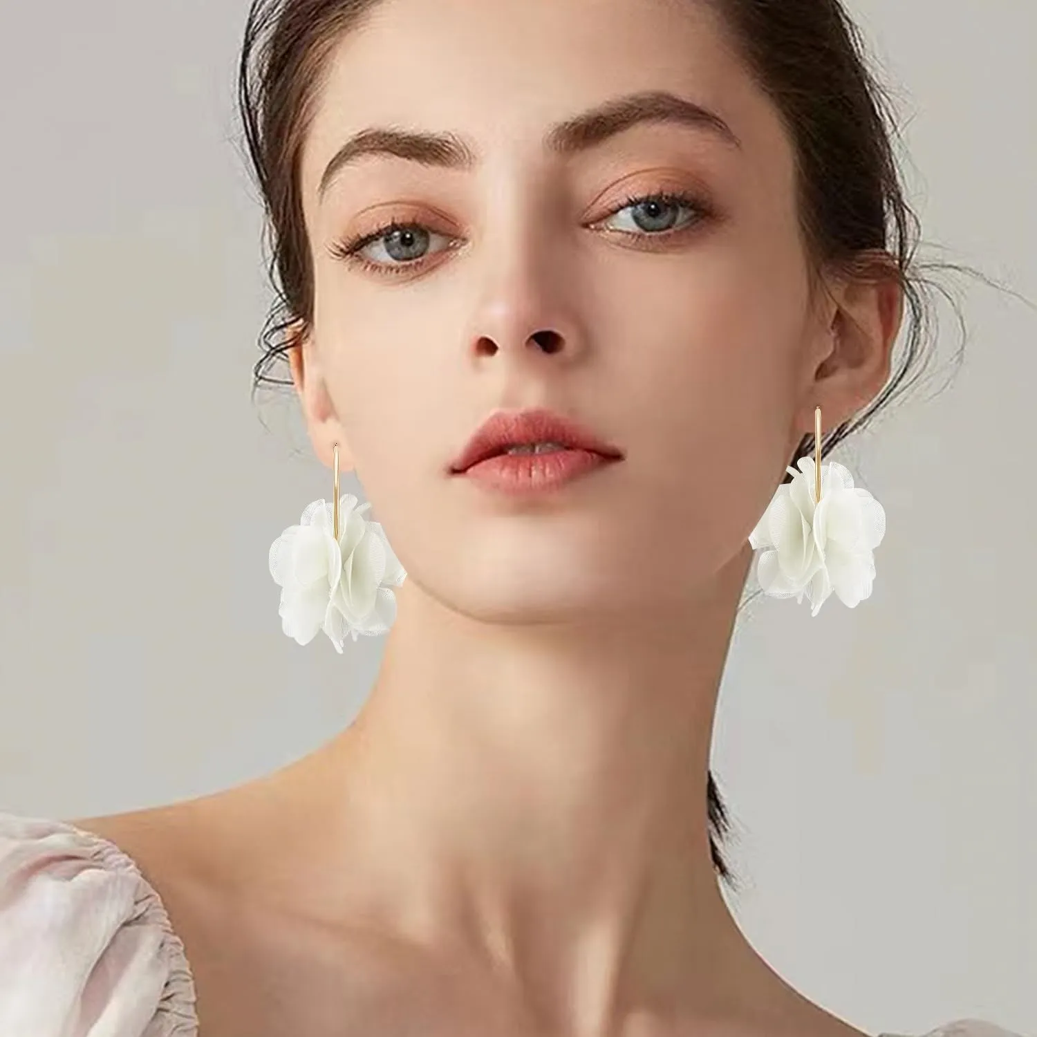 NONQL Bohemian Aesthetic Fabric Flower Lightweight Hoop Earrings Handmade Summer Vacation Dangle Drop Earrings For Women