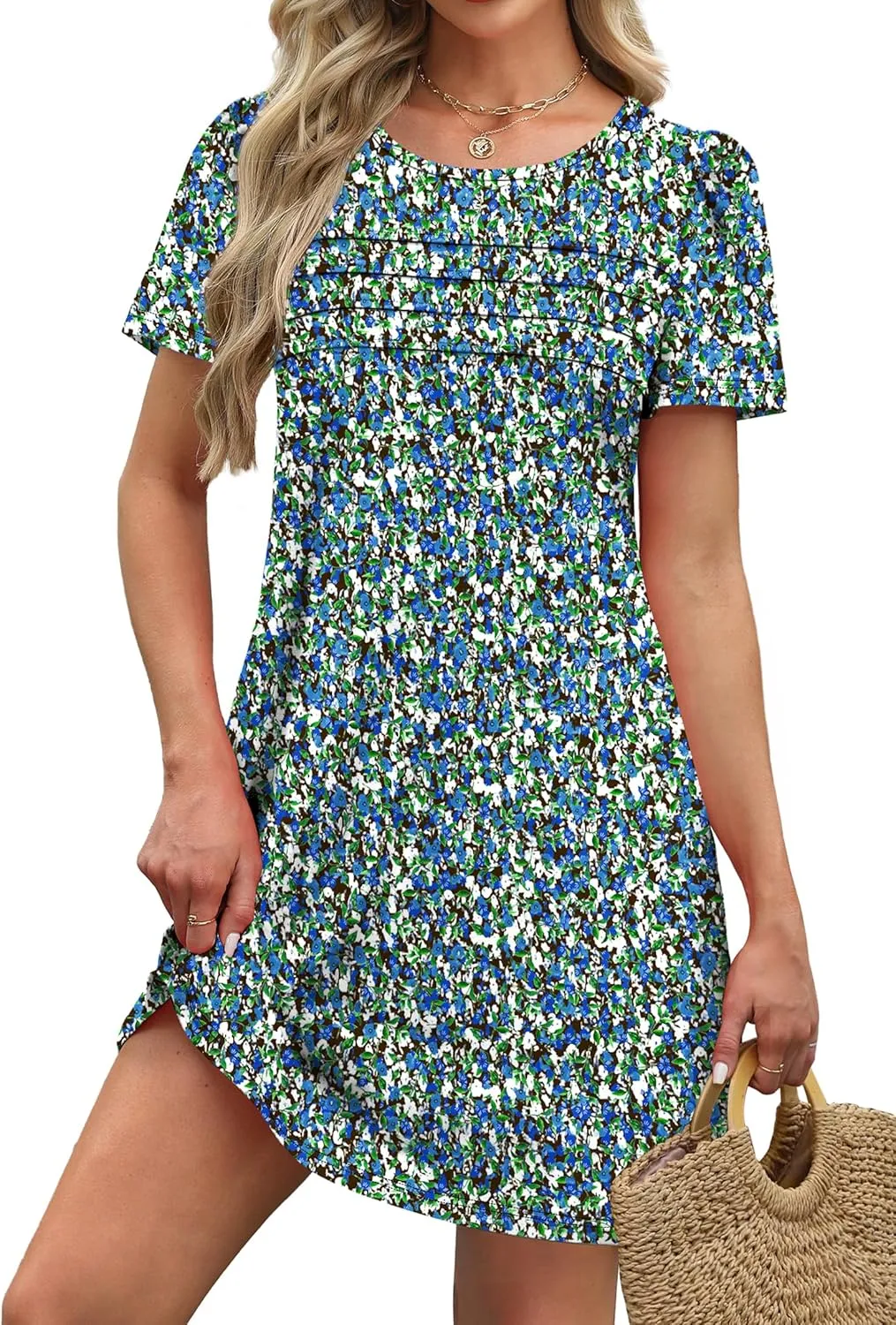 OFEEFAN Womens Pleated Front Dresses Fashion Spring Puff Sleeve Pockets Sundress Casual Summer
