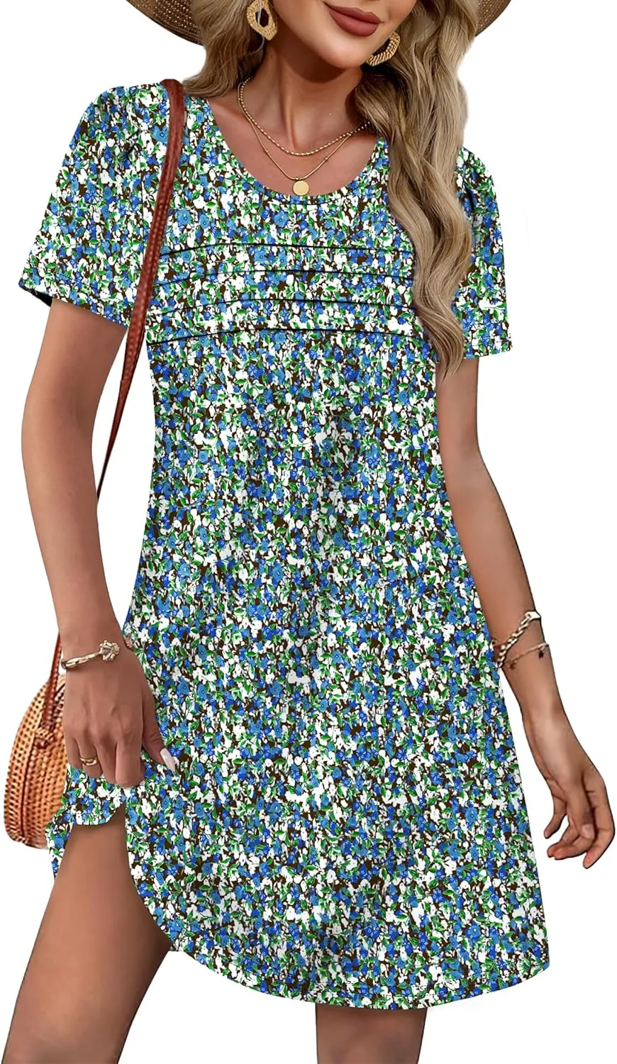 OFEEFAN Womens Pleated Front Dresses Fashion Spring Puff Sleeve Pockets Sundress Casual Summer
