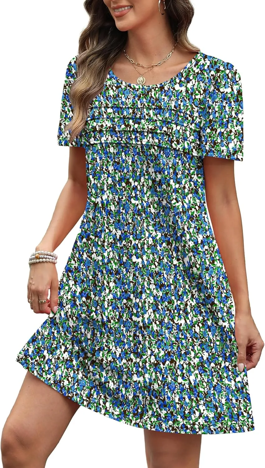 OFEEFAN Womens Pleated Front Dresses Fashion Spring Puff Sleeve Pockets Sundress Casual Summer