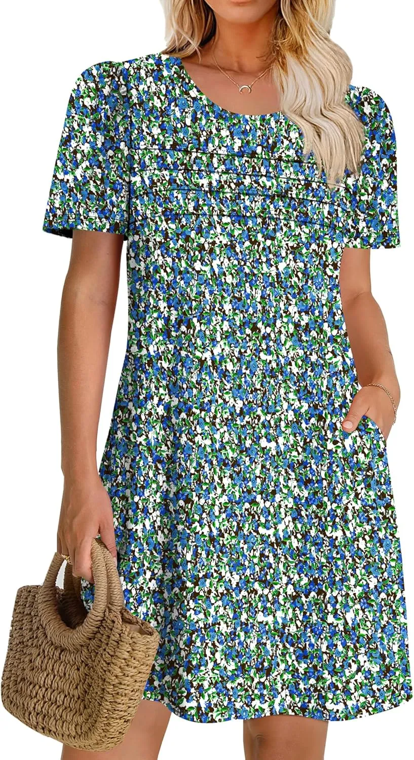 OFEEFAN Womens Pleated Front Dresses Fashion Spring Puff Sleeve Pockets Sundress Casual Summer