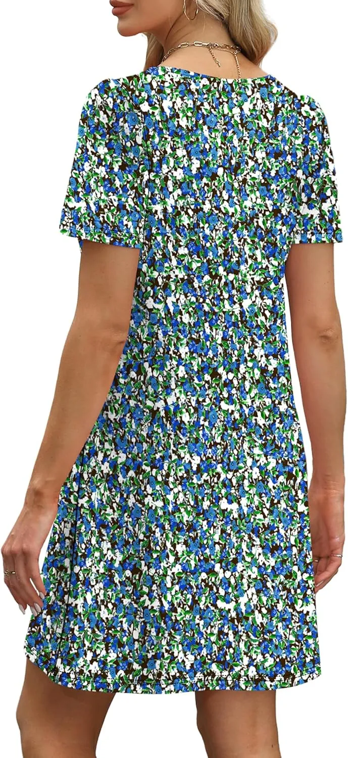 OFEEFAN Womens Pleated Front Dresses Fashion Spring Puff Sleeve Pockets Sundress Casual Summer