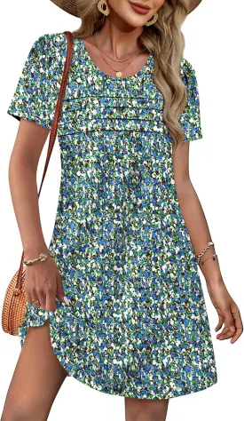 OFEEFAN Womens Pleated Front Dresses Fashion Spring Puff Sleeve Pockets Sundress Casual Summer