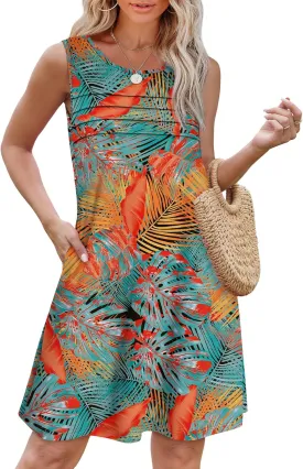 OFEEFAN Womens Pleated Front Tank Dresses Fashion Spring Sleeveless Pockets Sundress Casual Summer