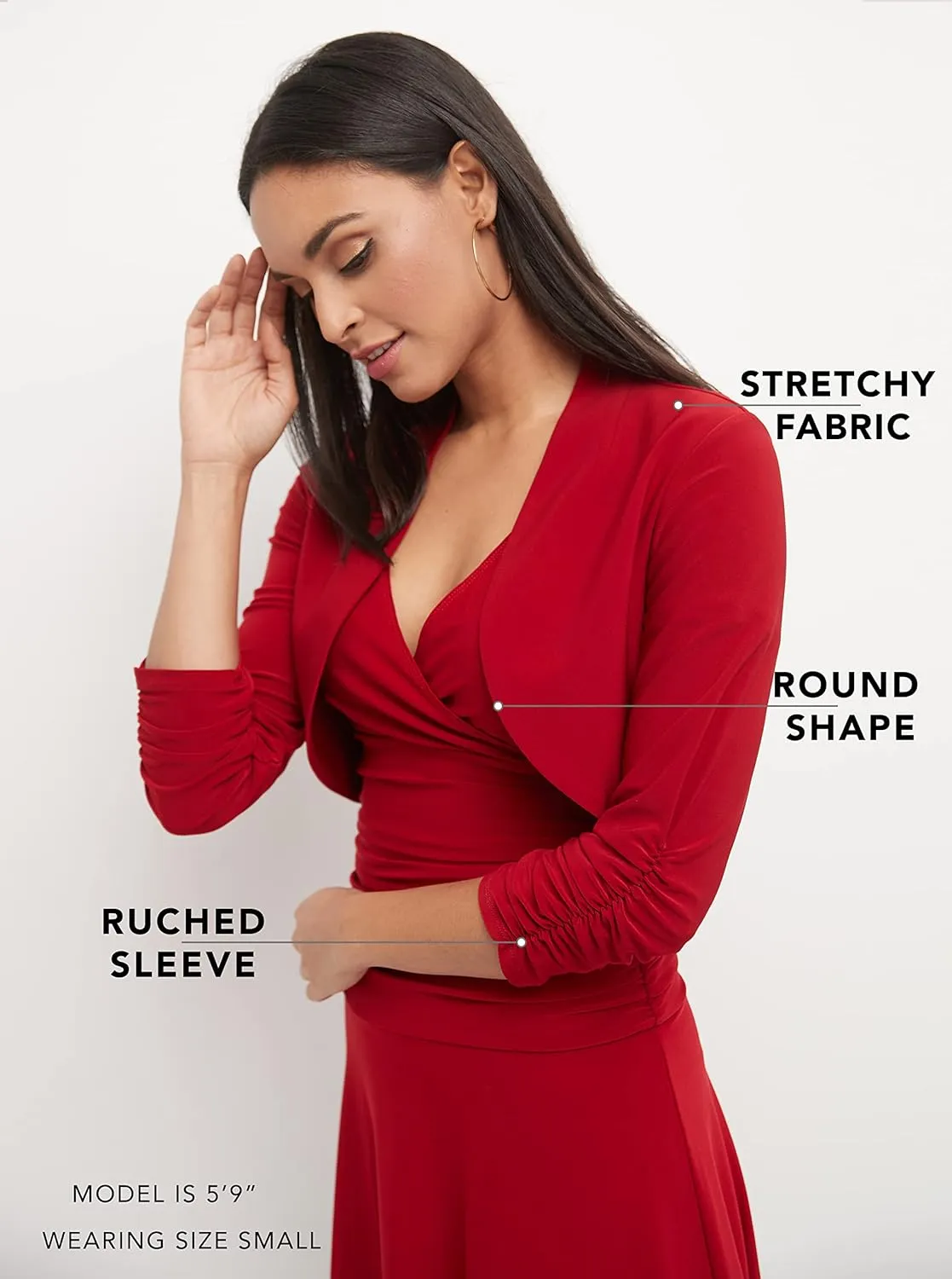 Rekucci Women's Chic Soft Knit Stretch Bolero Shrug with Ruched Sleeves