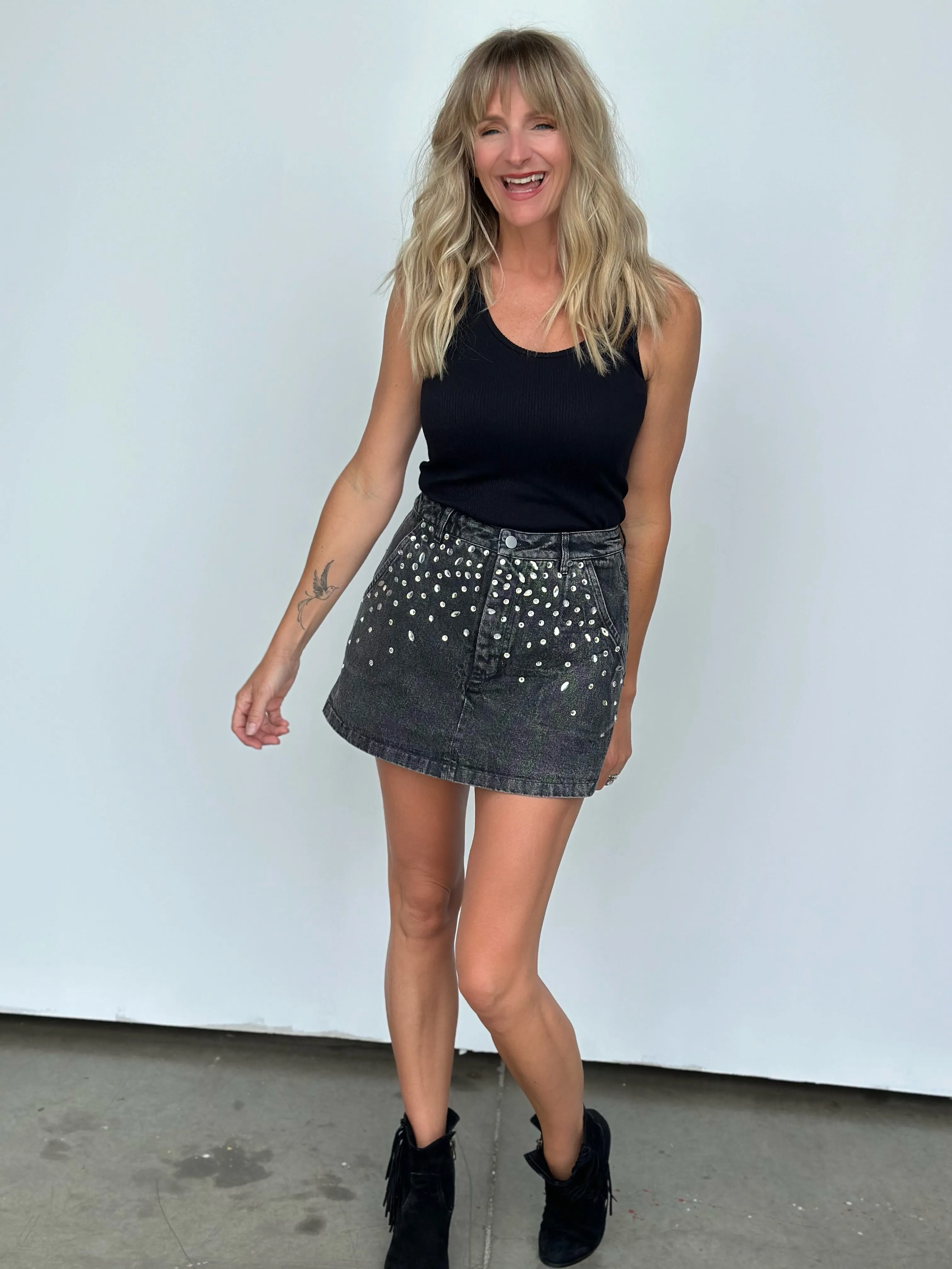 Rhinestone Black Demin Skort